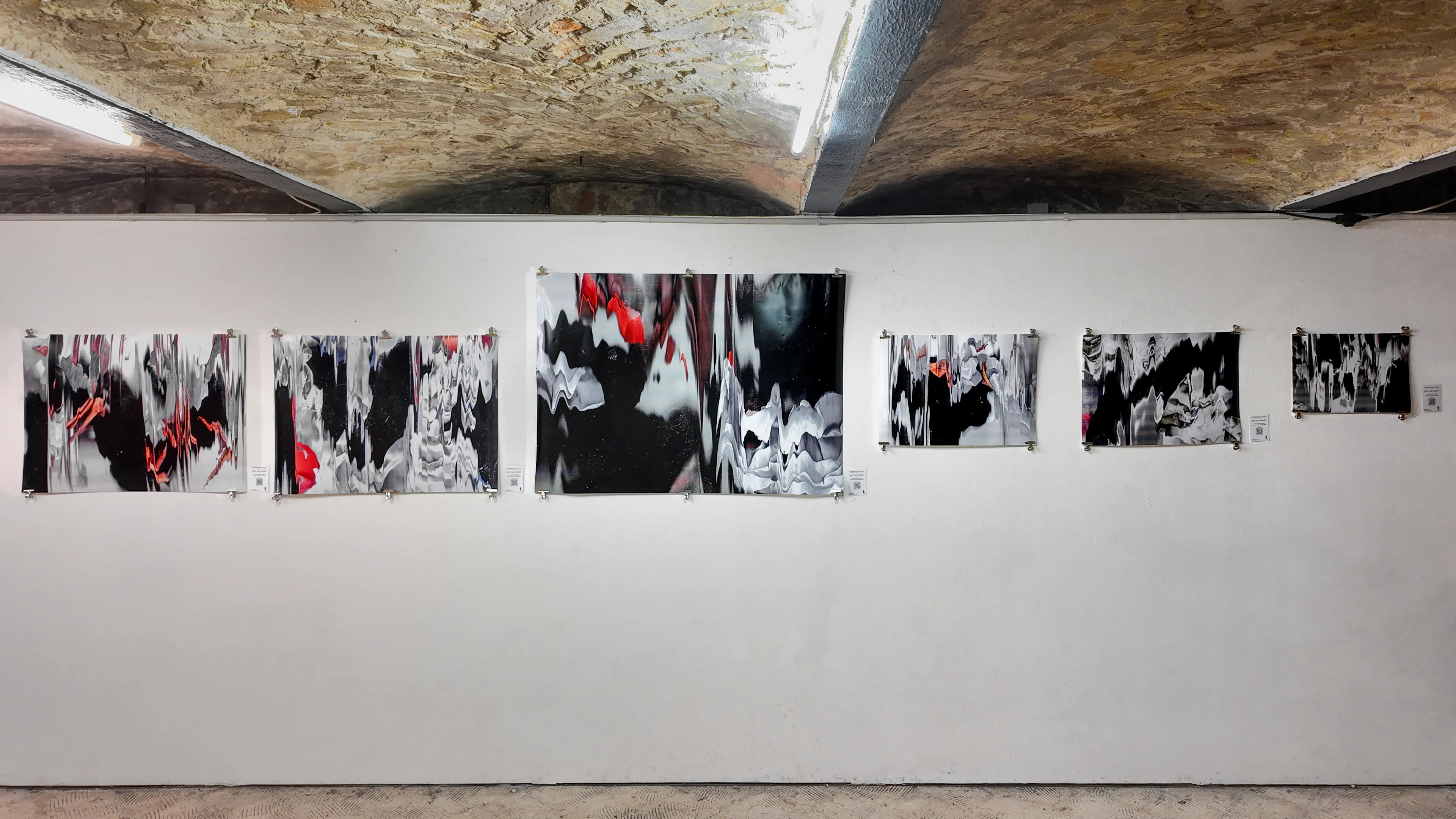 Installation view, frontal wide shot of the full gallery wall, "Berlin Underground" exhibition, Pandora Art Gallery, Berlin, 2026.