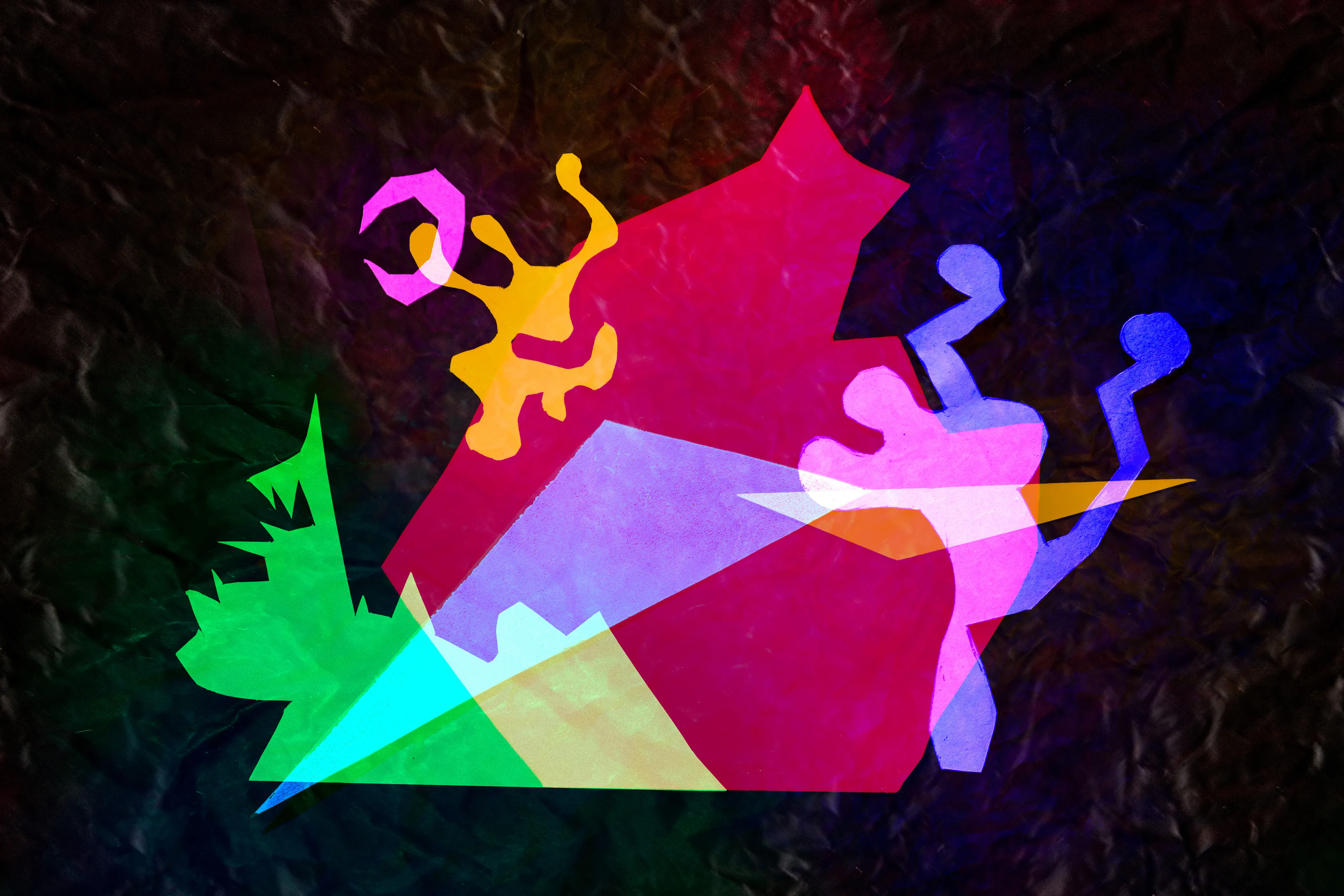 A cluster of overlapping shapes in crimson, green, cyan and yellow, with curling orange and pink forms at the upper left and a blue curling form at the right, on a dark ground.