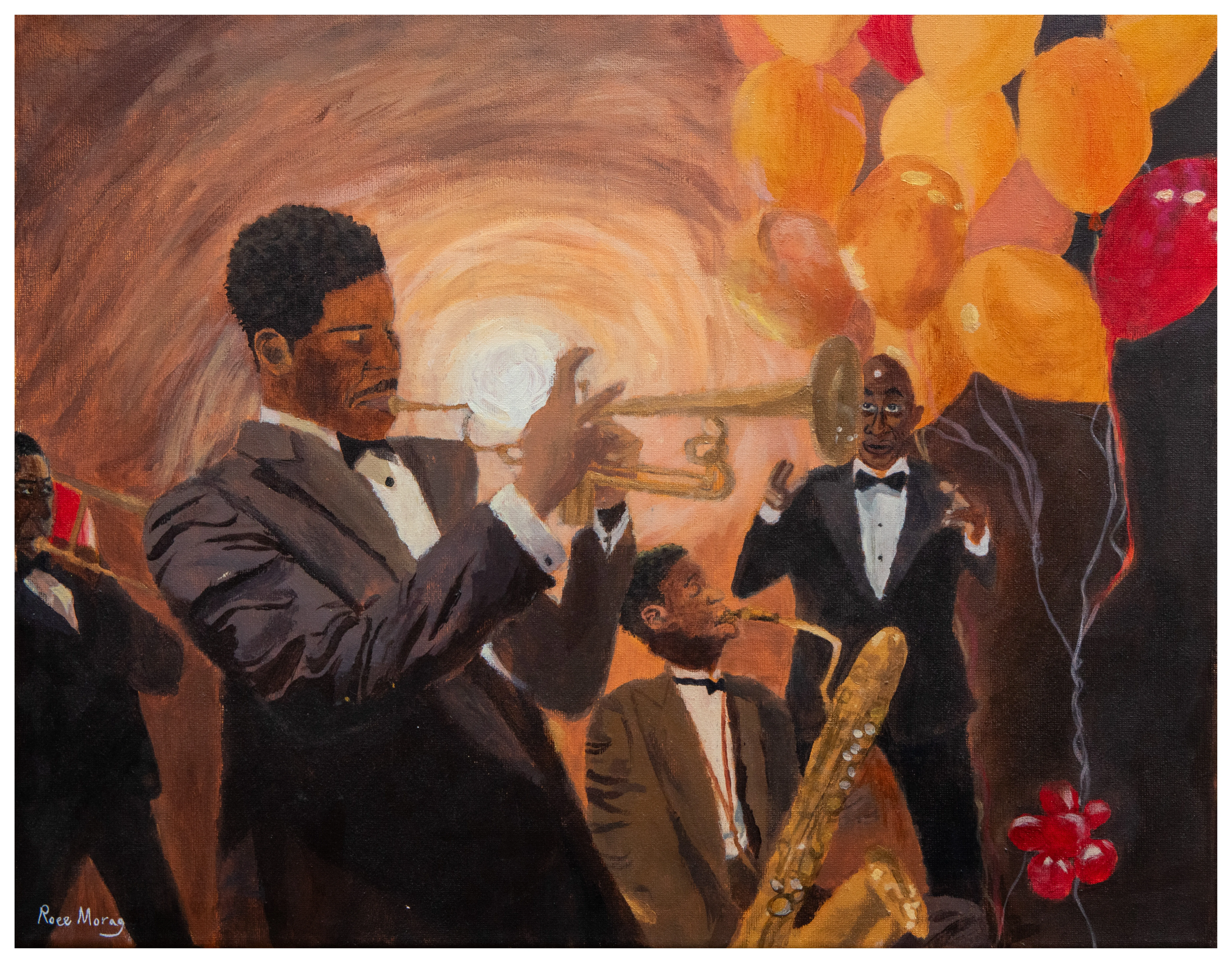 Men in tuxedos play trumpet and saxophone in a warm orange cave-like space with balloons overhead.