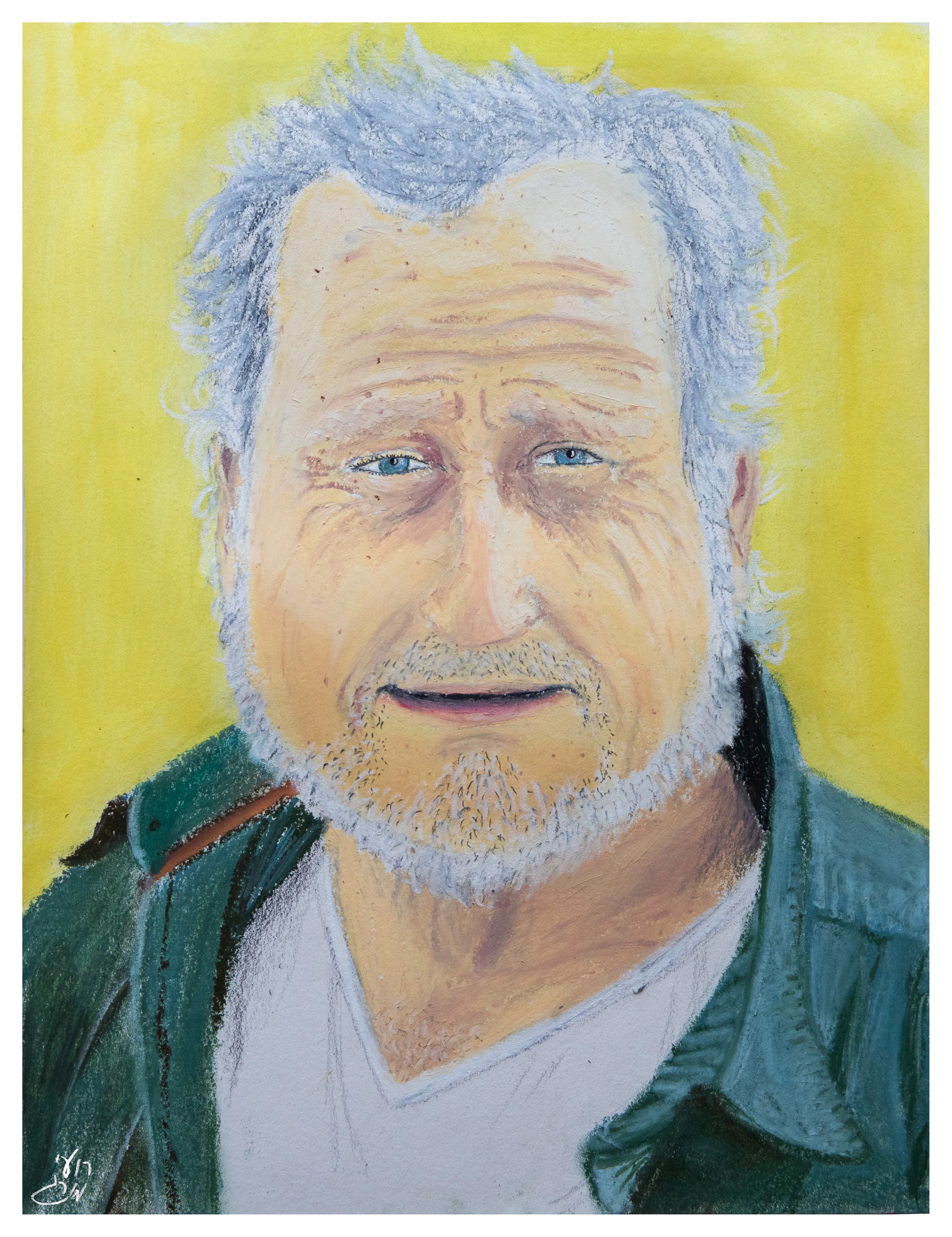 A portrait of a man with gray hair and beard in a green jacket, on a yellow ground.