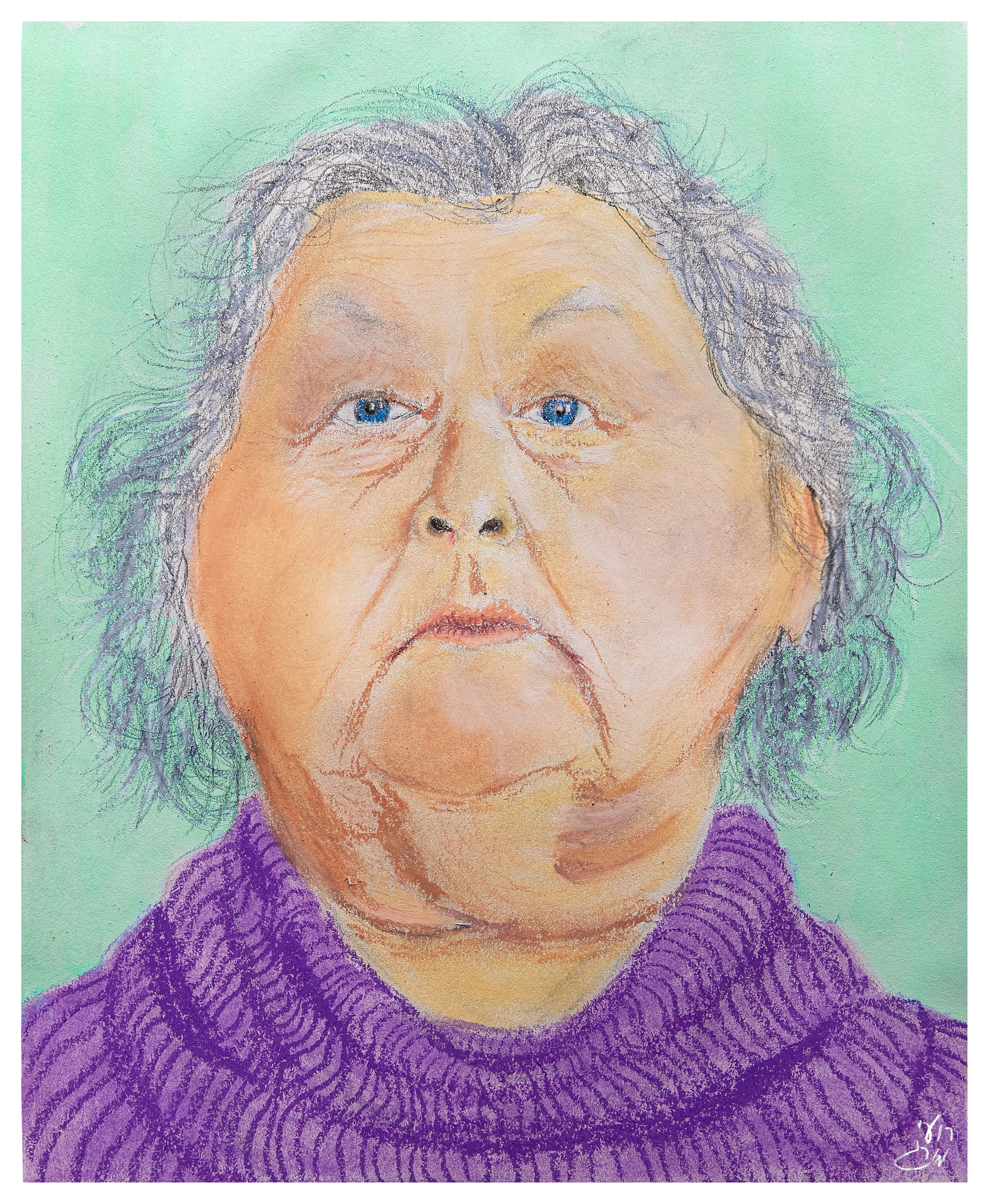 A portrait of an older woman with wavy gray hair, blue eyes and a purple turtleneck, on a mint green ground.