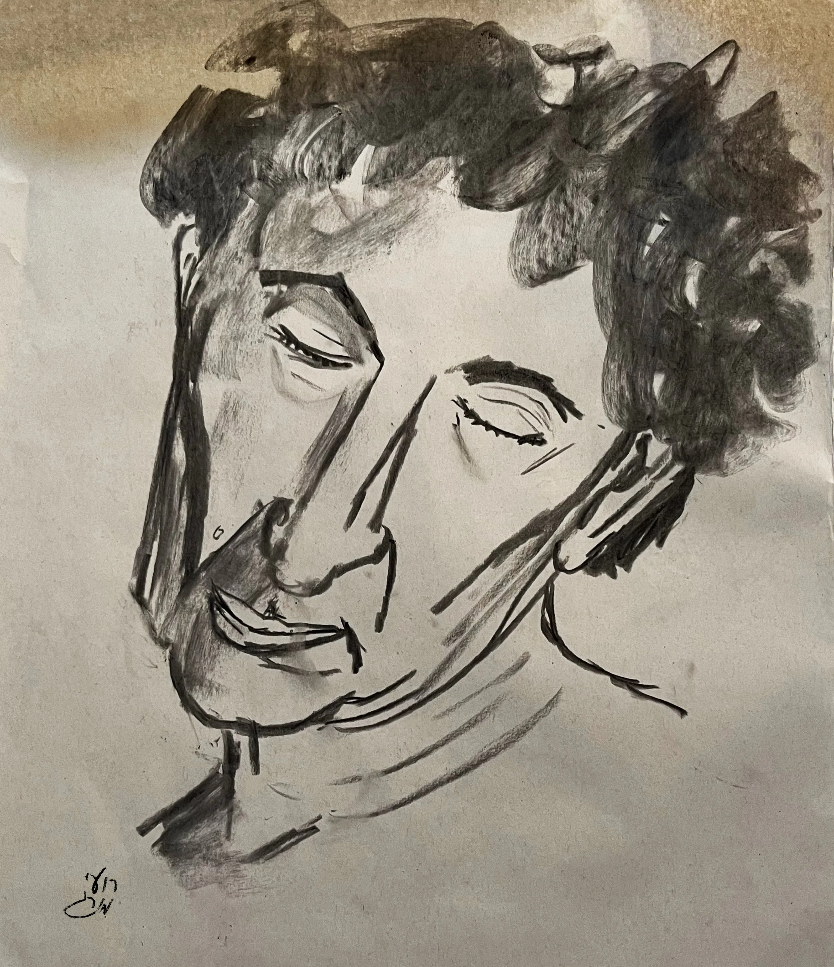 A portrait of a person with closed eyes and curly hair, in loose black lines on brown paper.