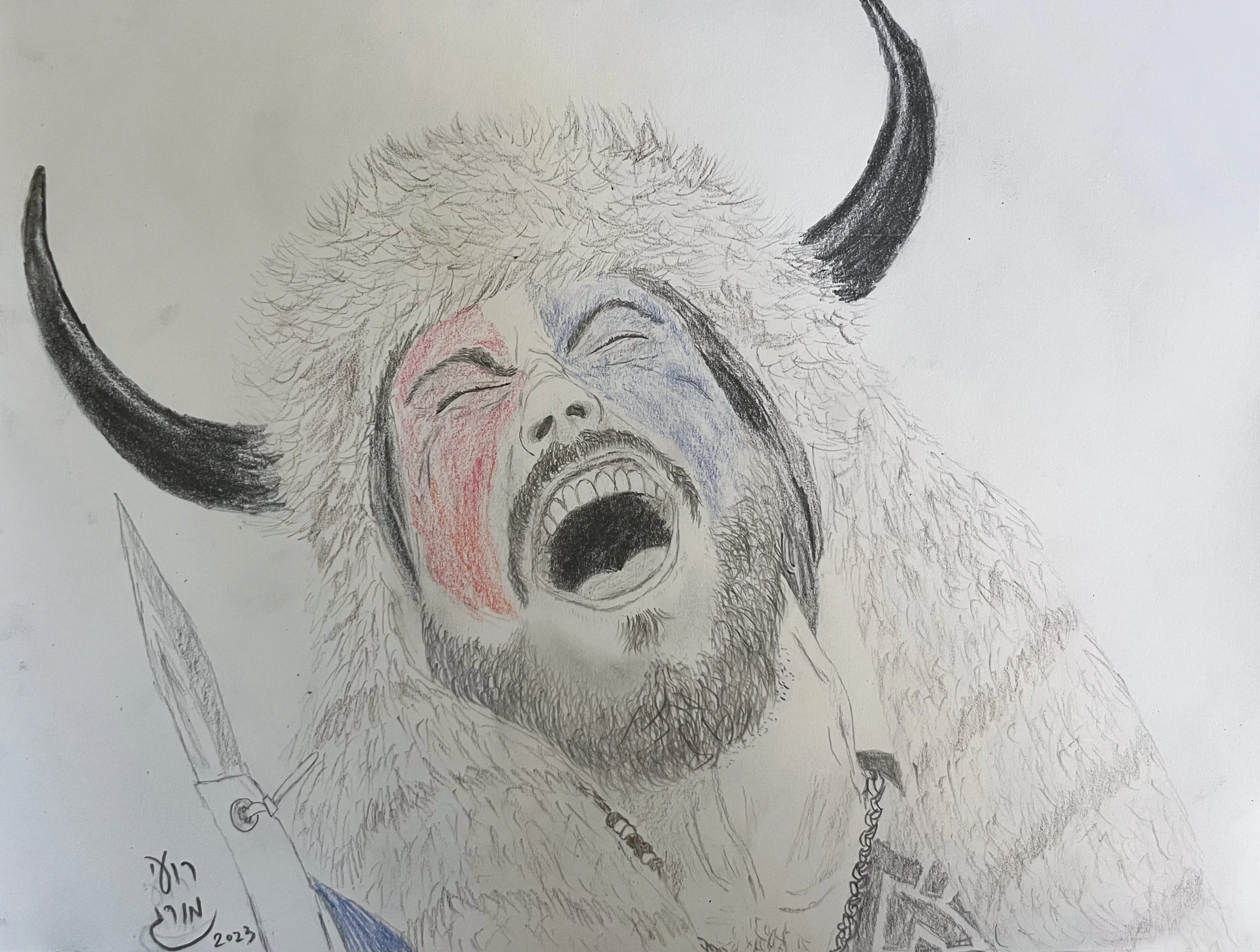 A pencil drawing of a laughing bearded man in a fur hood with bull horns, with colored paint on his cheek and a spear at the lower left.