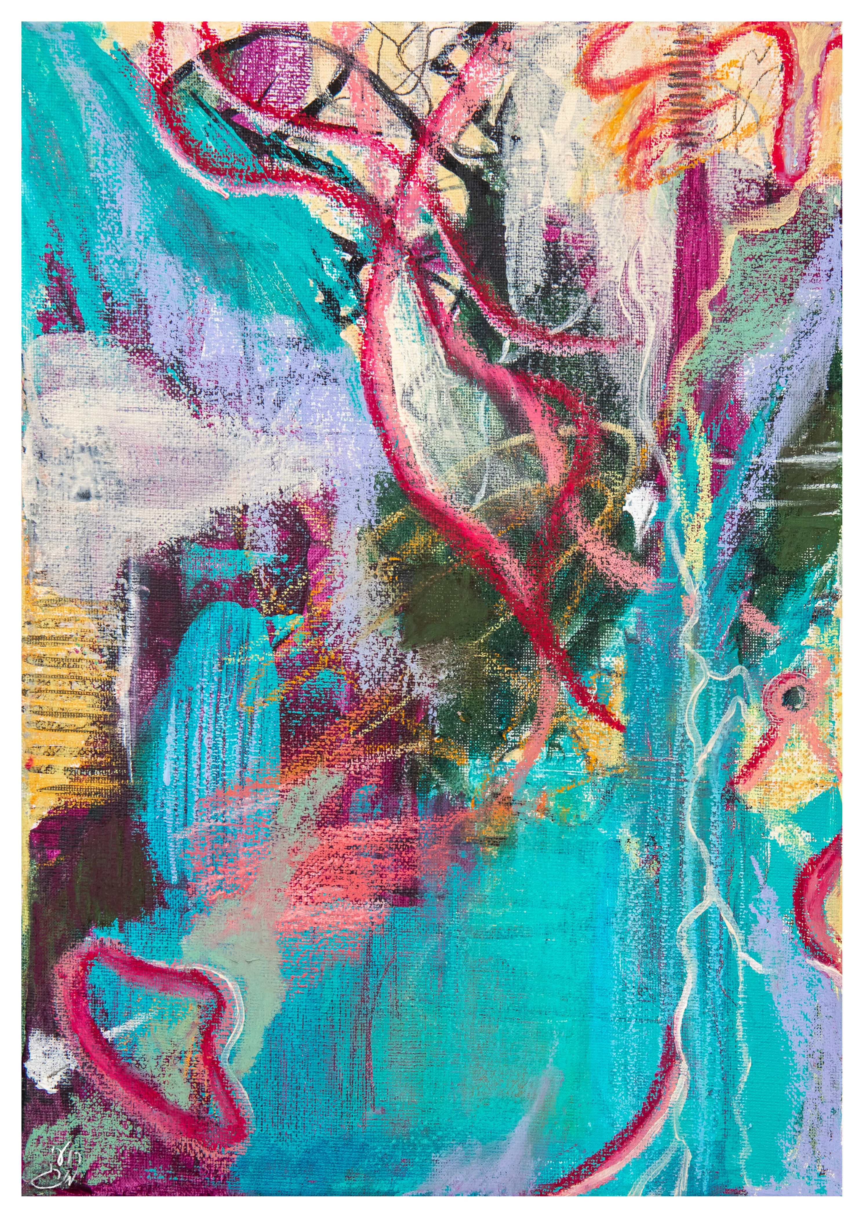An abstract composition in turquoise, pink and white, with red looping lines and a dark green mass.