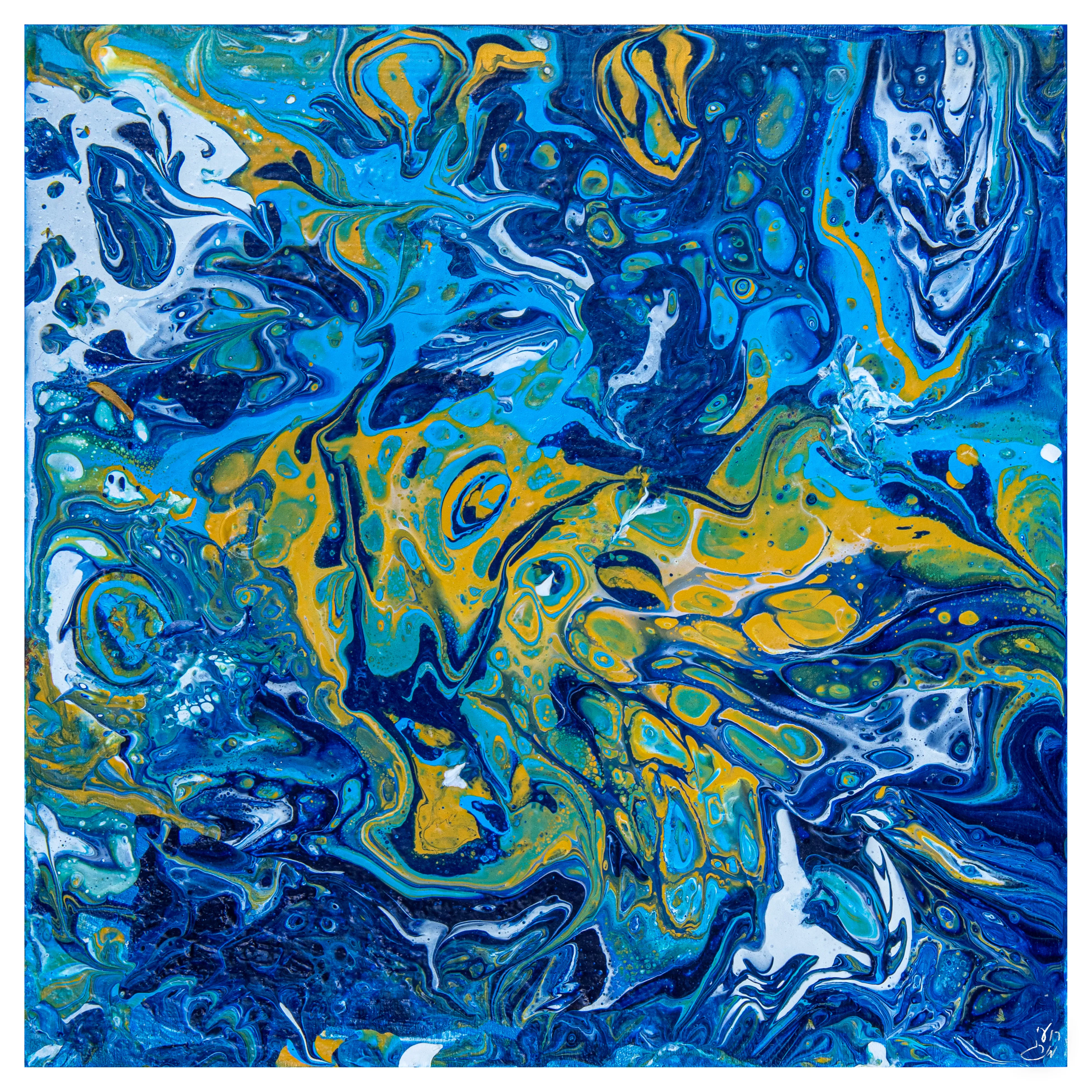 Swirling poured paint in blue, gold, white and black, with small cell-like bubbles.
