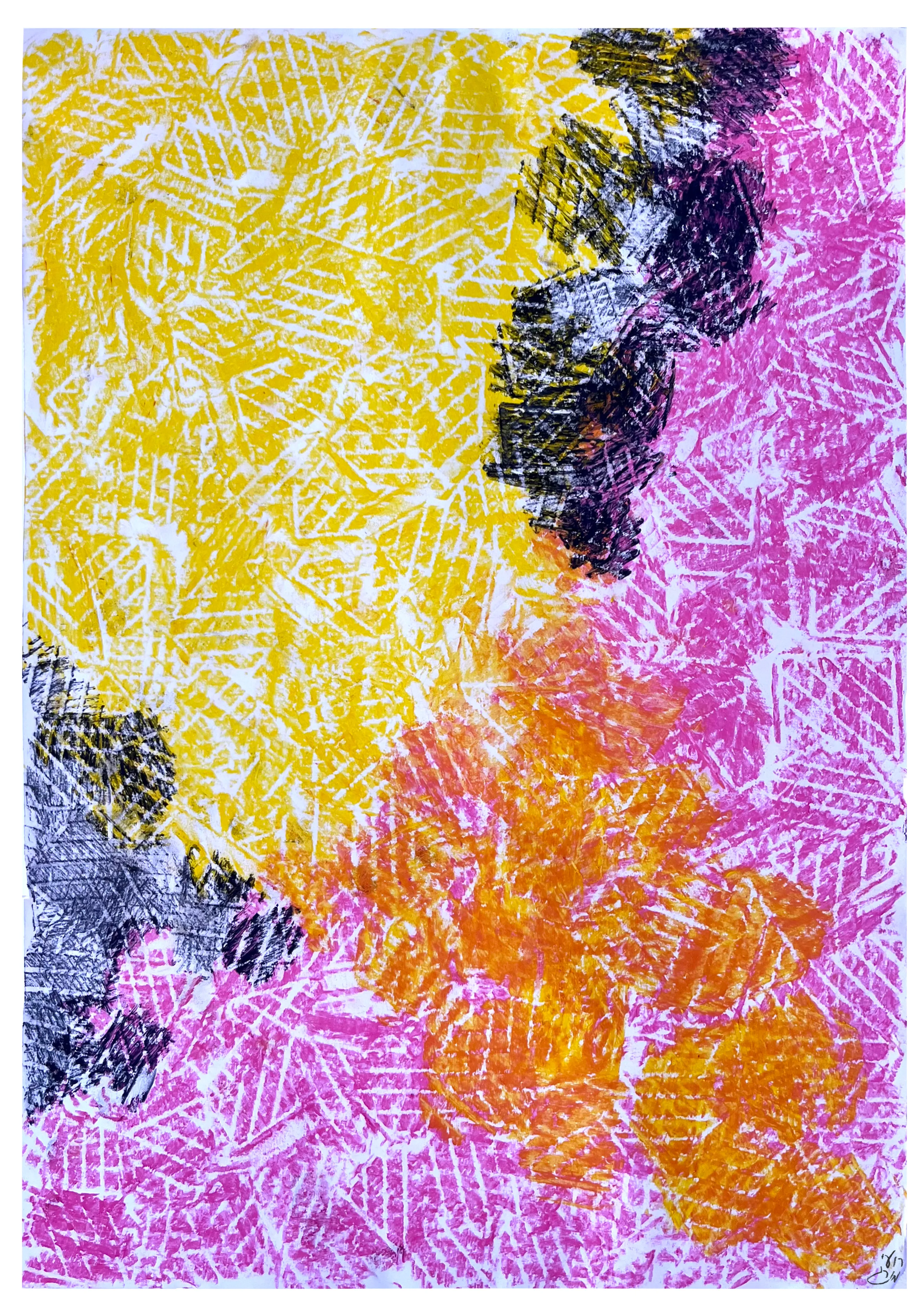 An abstract composition in yellow, pink and black with patterned hatching marks and orange circles.