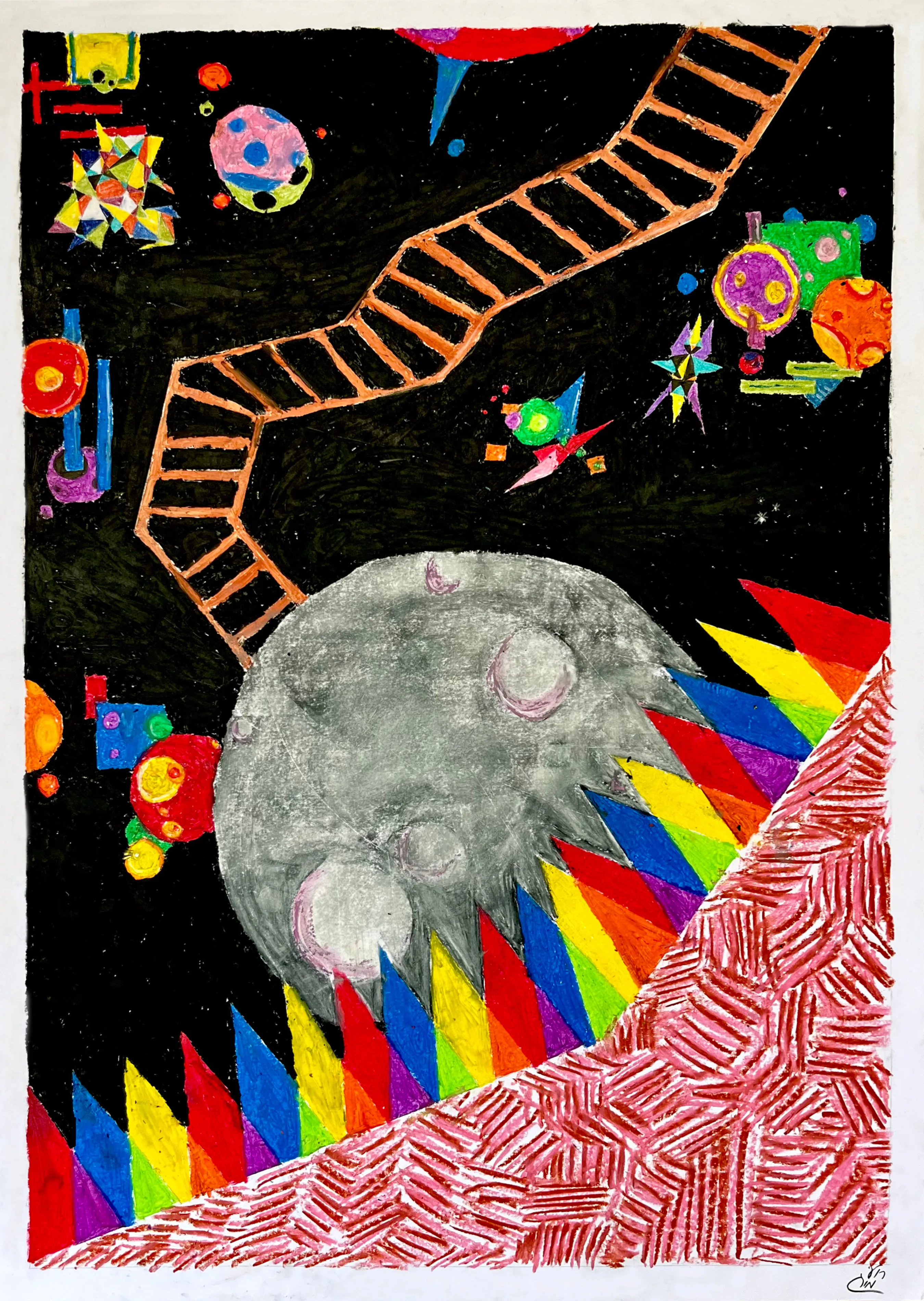 A black ground with a gray planet-like sphere, an orange ladder, small colorful shapes and a band of rainbow triangles at the lower right.