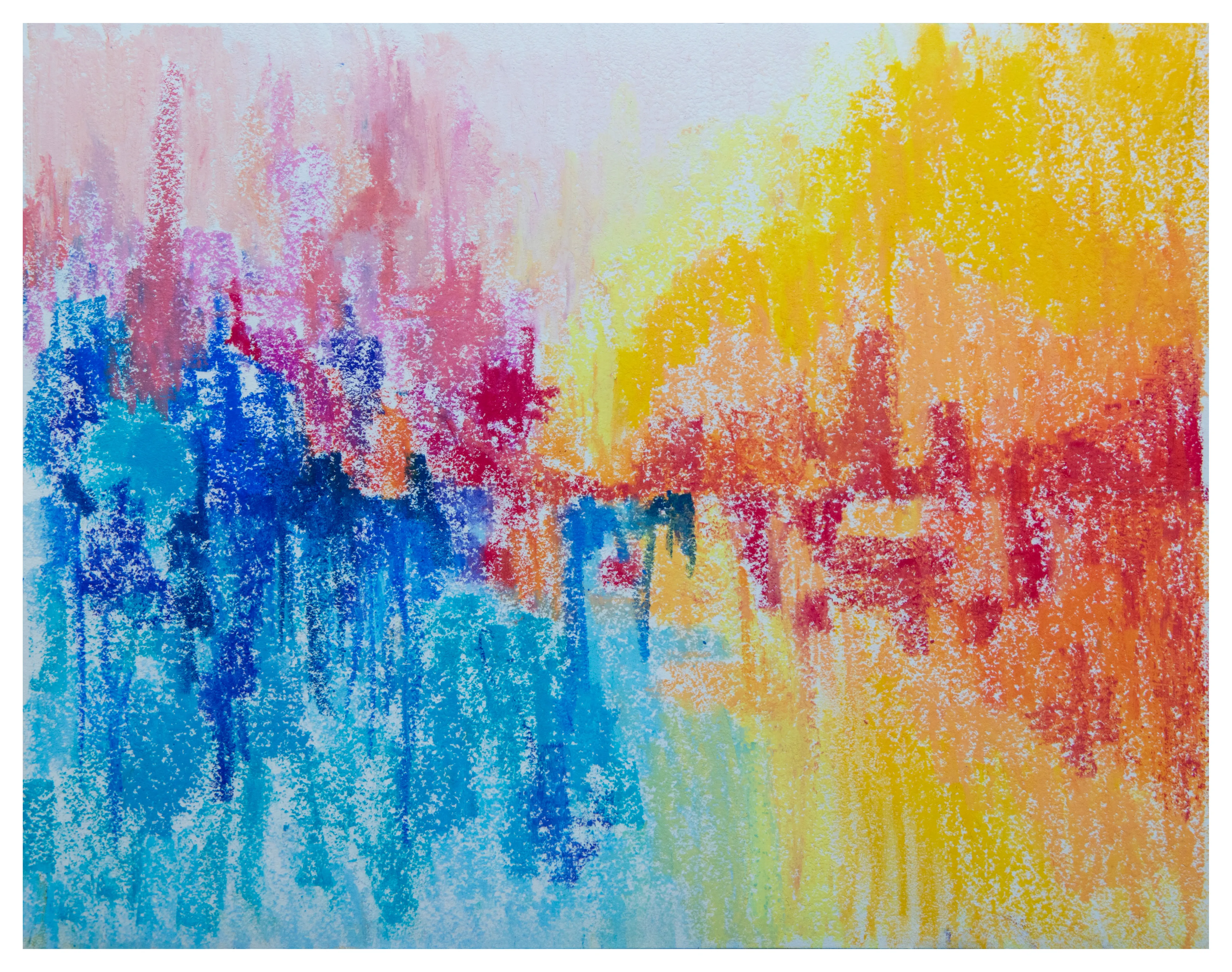 A soft abstract in blue, pink, orange and yellow, with vertical streaks at the left and warm color at the right.