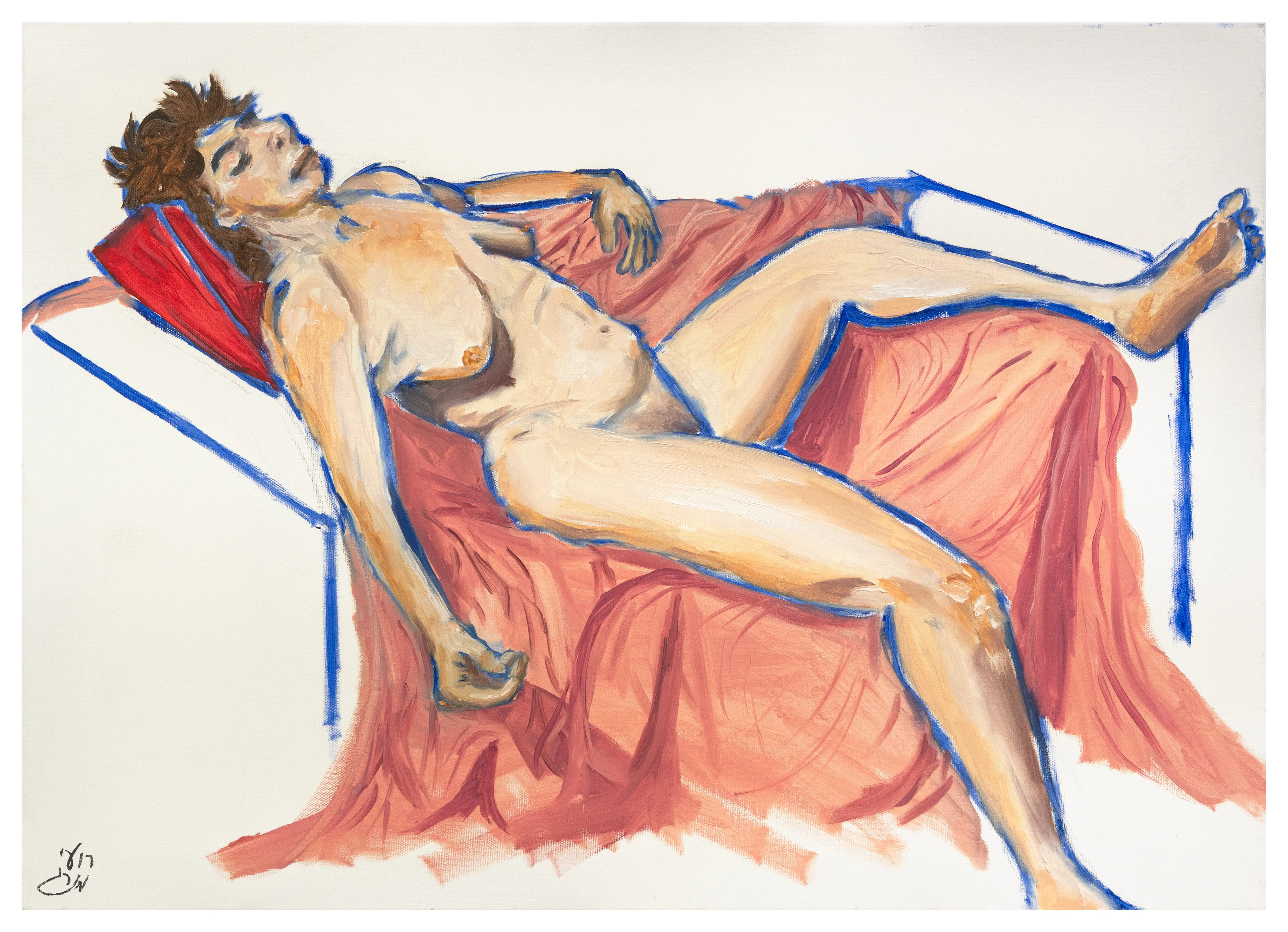 A reclining nude figure with arms overhead on a chair draped in coral fabric, outlined in blue.