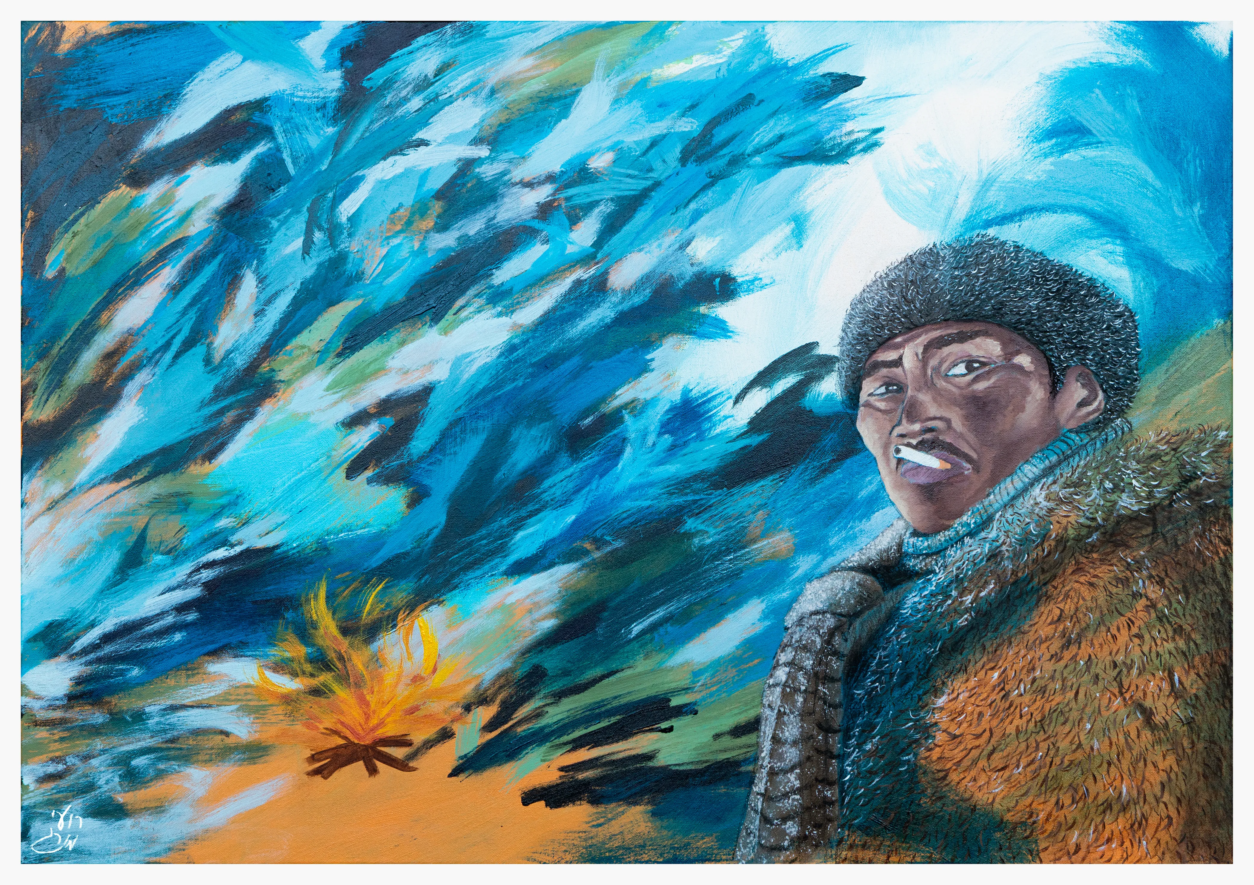 A man in a fur hat and coat at the right, a cigarette in his mouth, looking toward the viewer against swirling blue brushstrokes, with a small campfire at the lower left.
