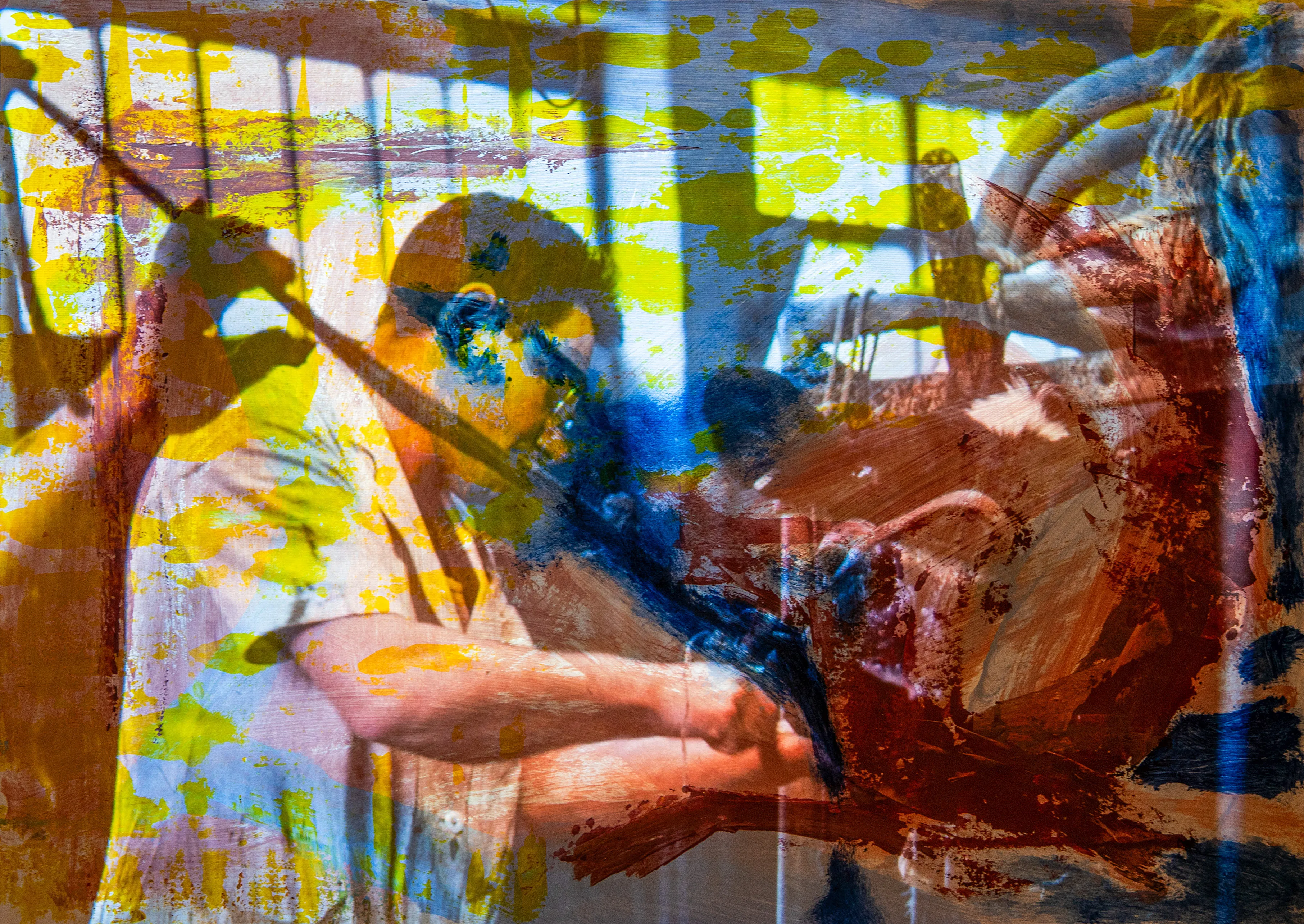 Figures in a room with tall windows, overlaid with yellow, blue and brown paint.