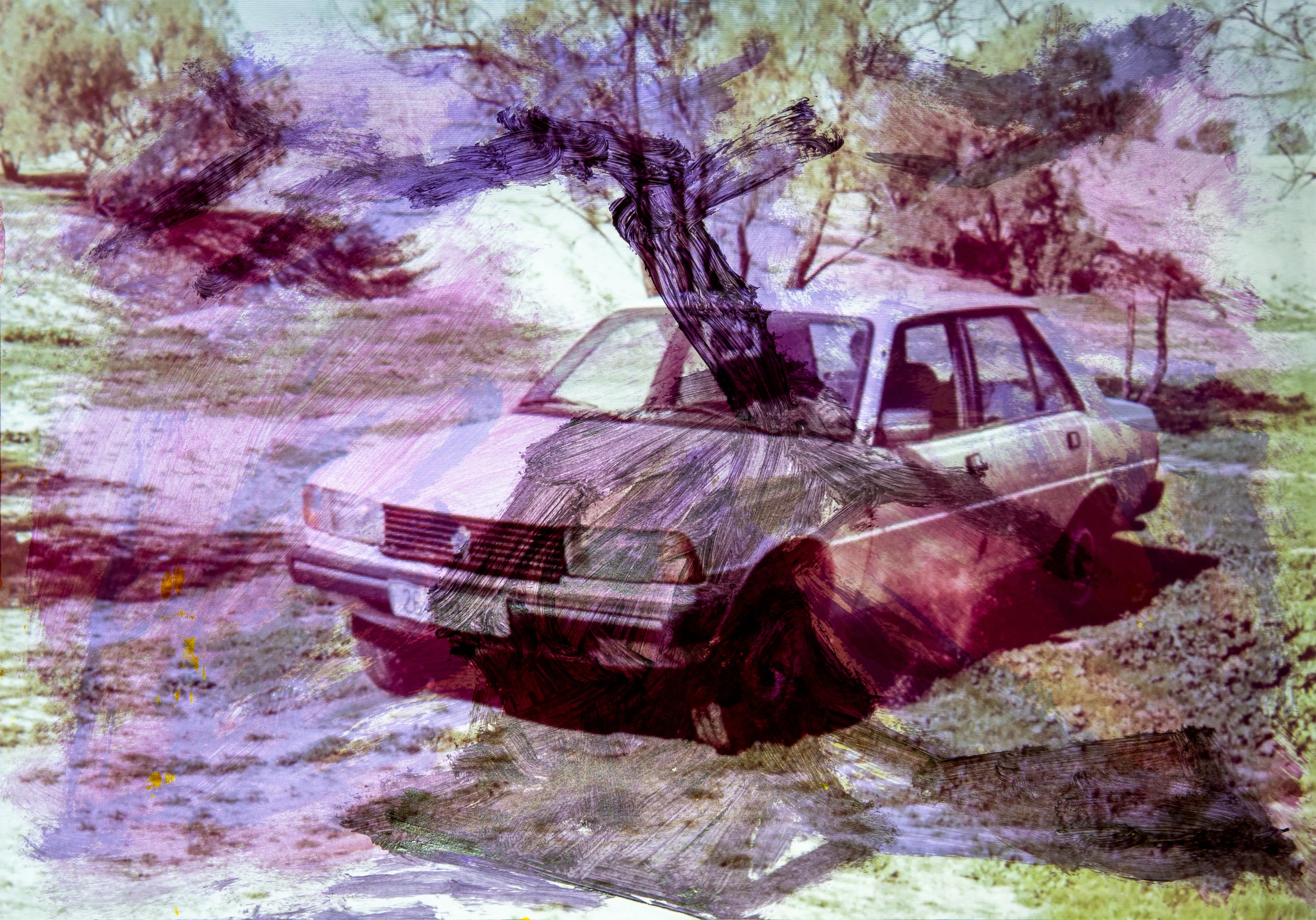 A light-colored car stands on dry ground beneath a tree, tinted purple and pink.