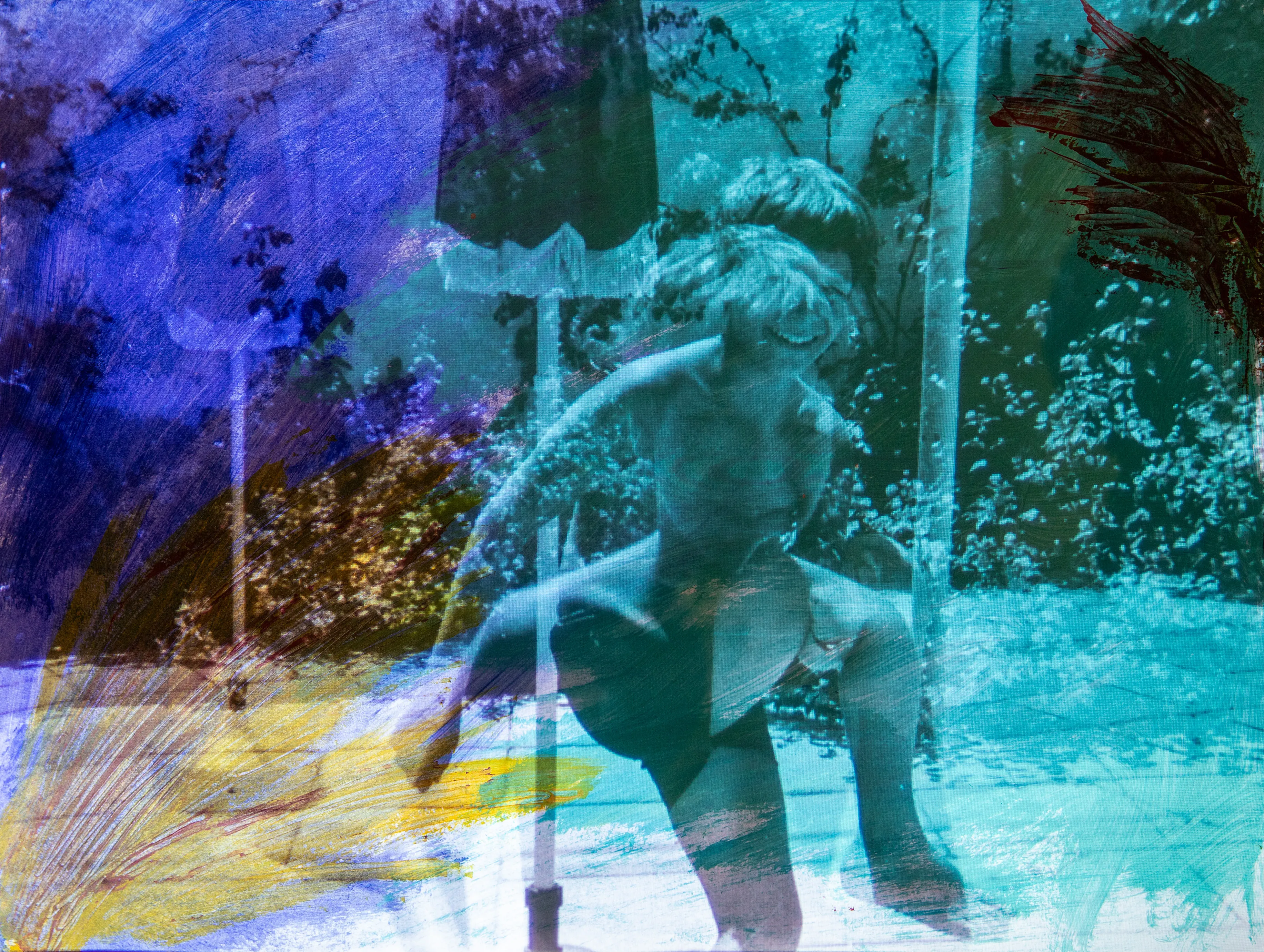 A child, almost in silhouette, steps forward beneath trees in turquoise and blue tones.