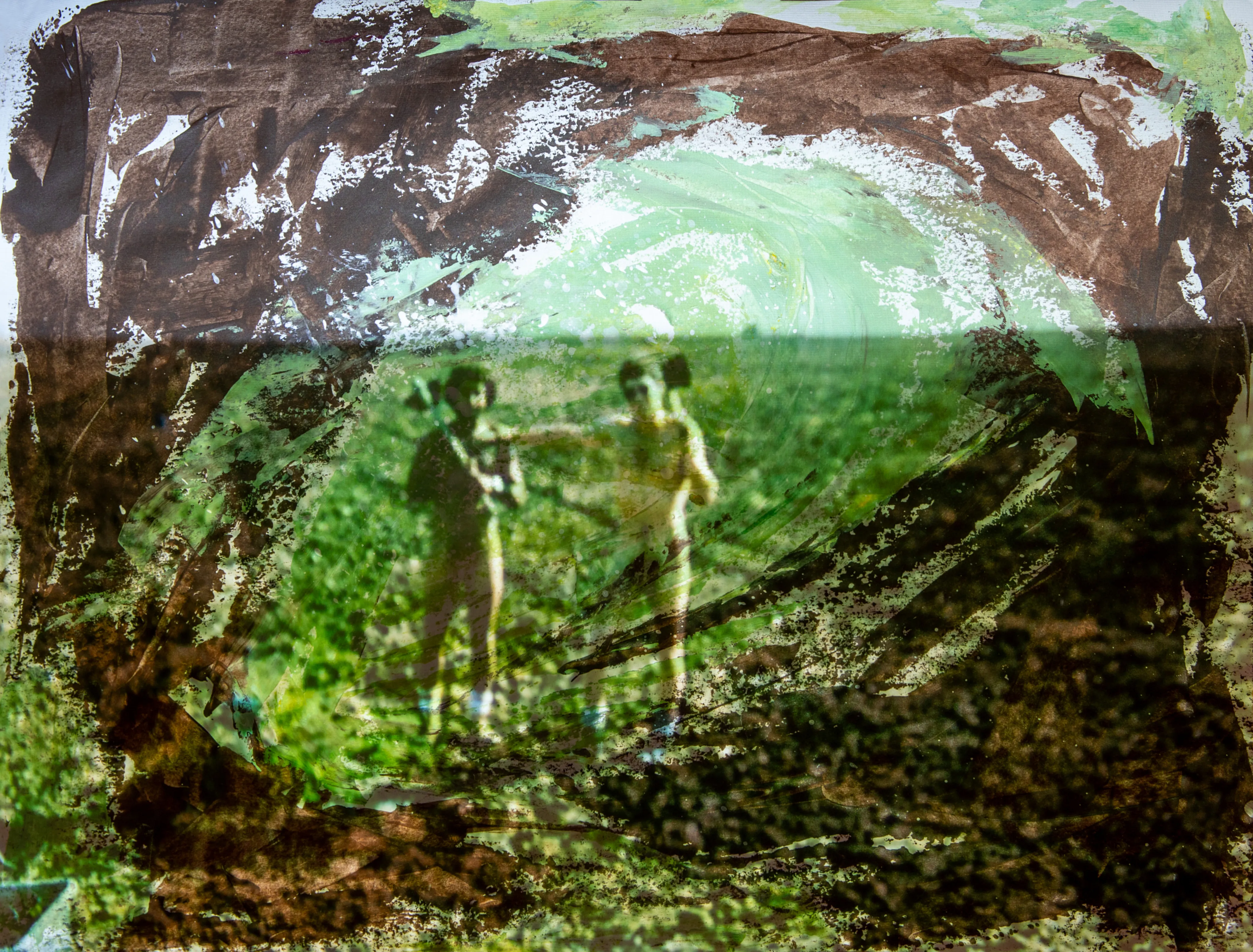 Two distant figures stand in a green field, framed by dark brown paint strokes.