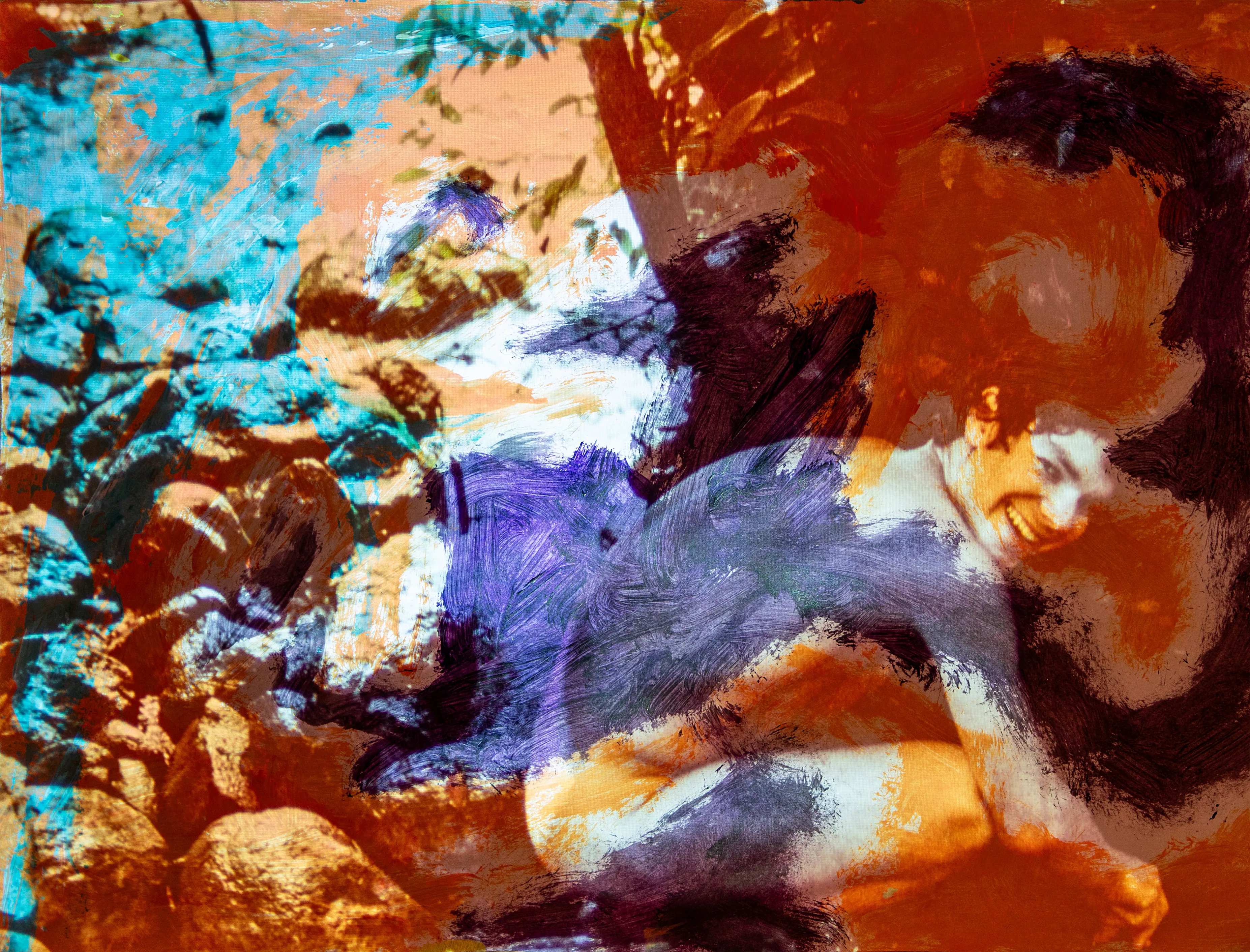 A reclining figure in a purple top among rust orange and blue paint shapes.