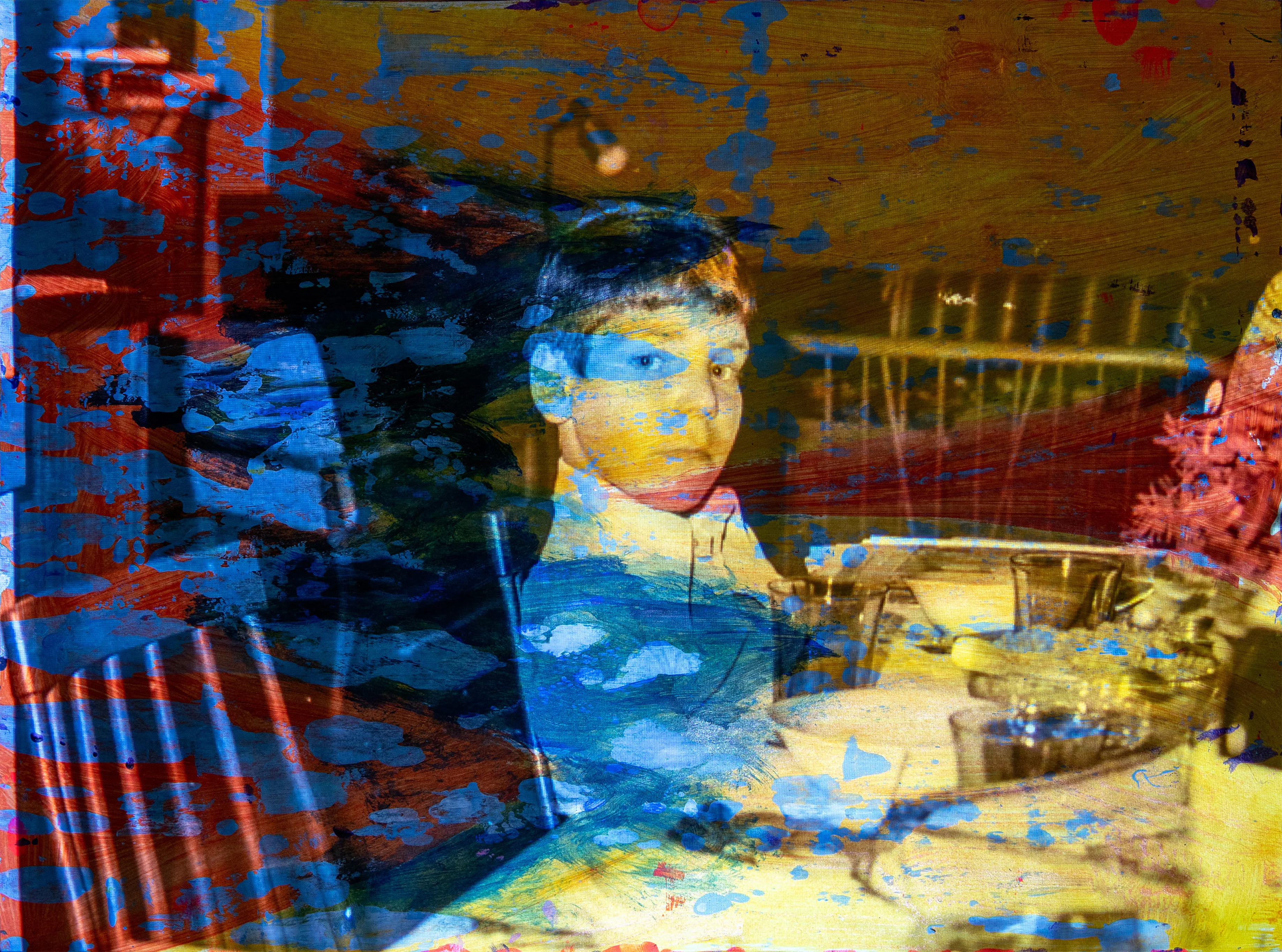A boy in a blue shirt sits at a desk beside shelves, with blue and yellow paint over the scene.