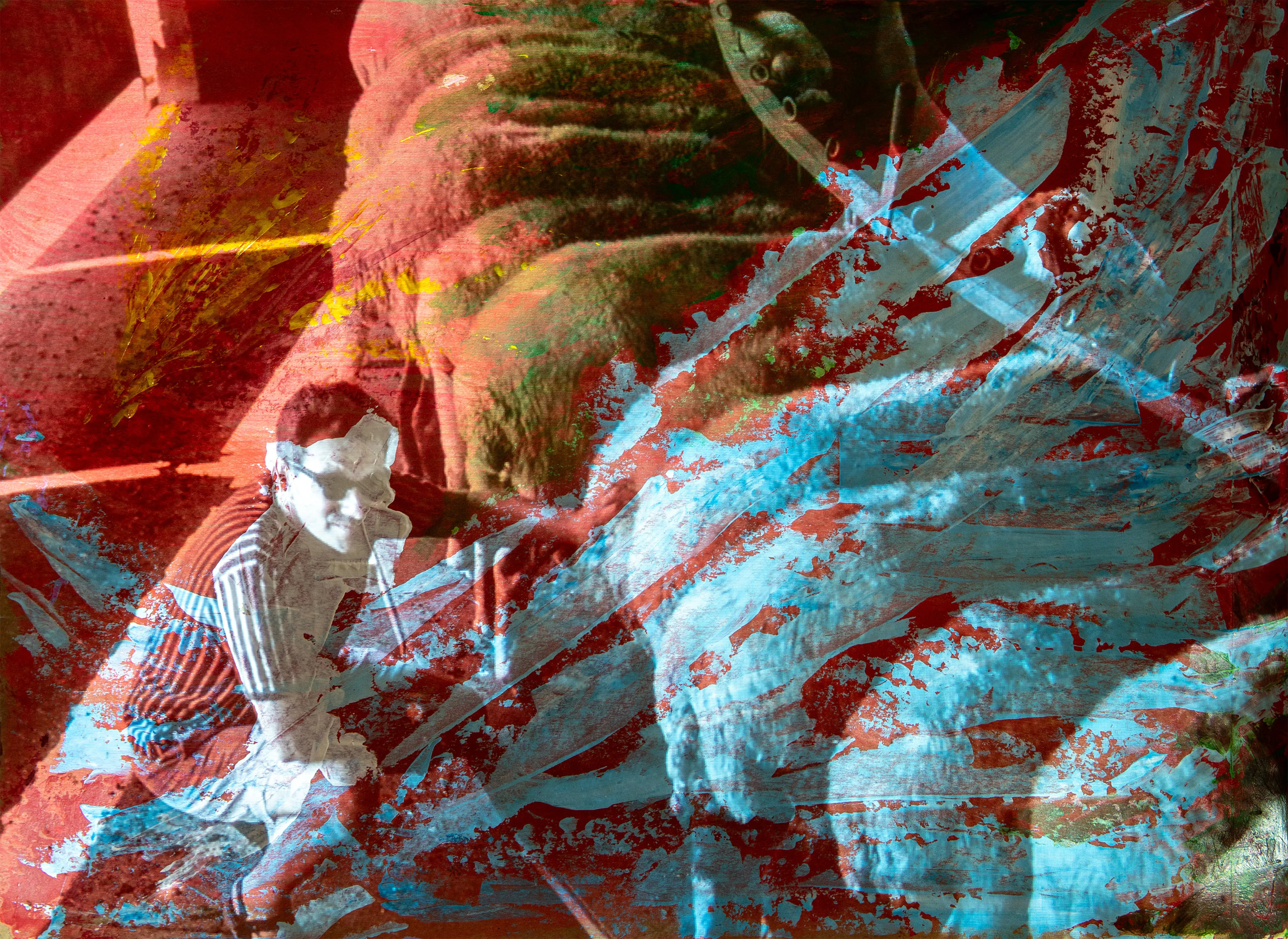 Two small figures at the lower left beside a large red and blue mottled form.