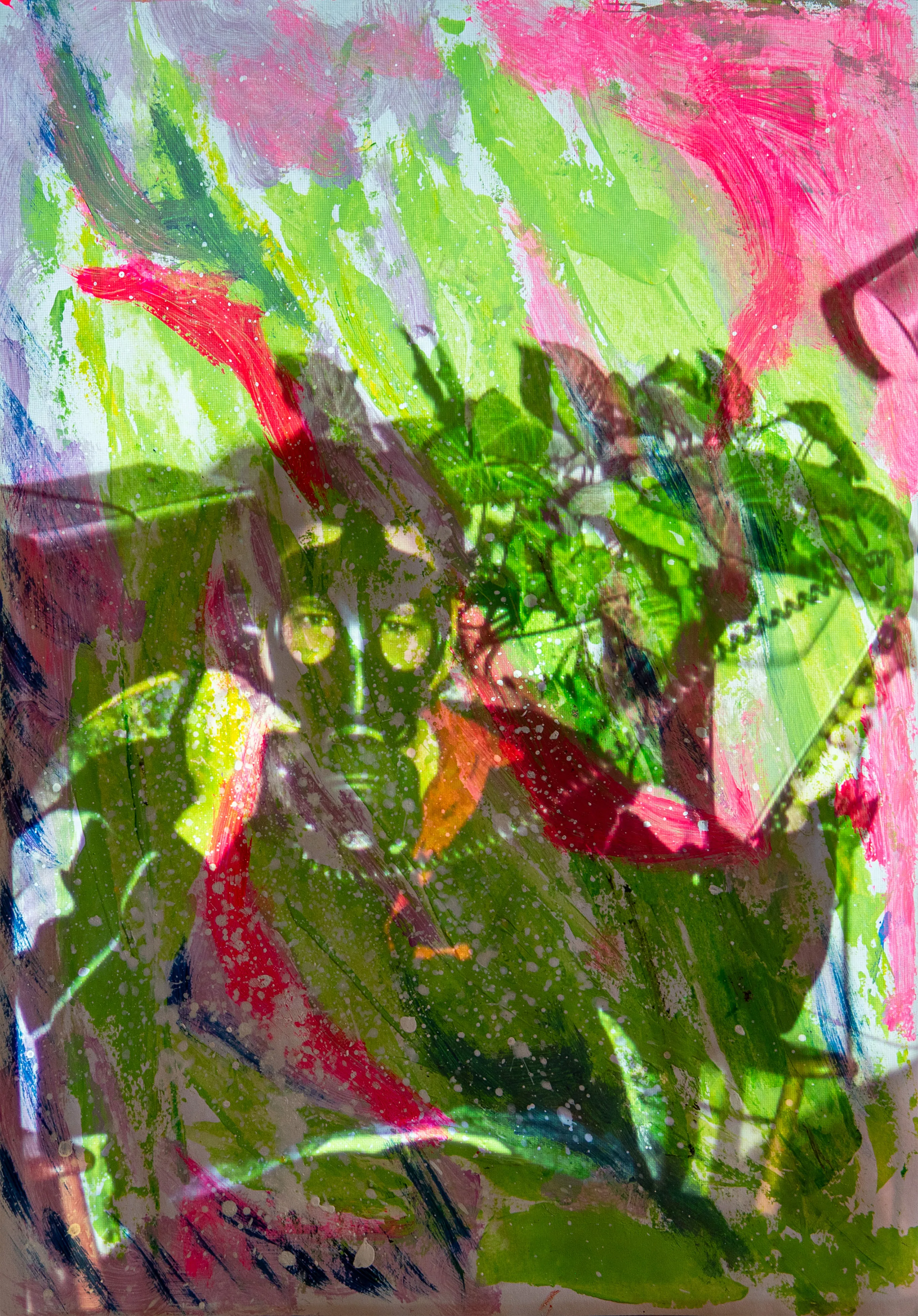 Dense green, pink and red brushstrokes cover the image, with a mask-like face near the center.