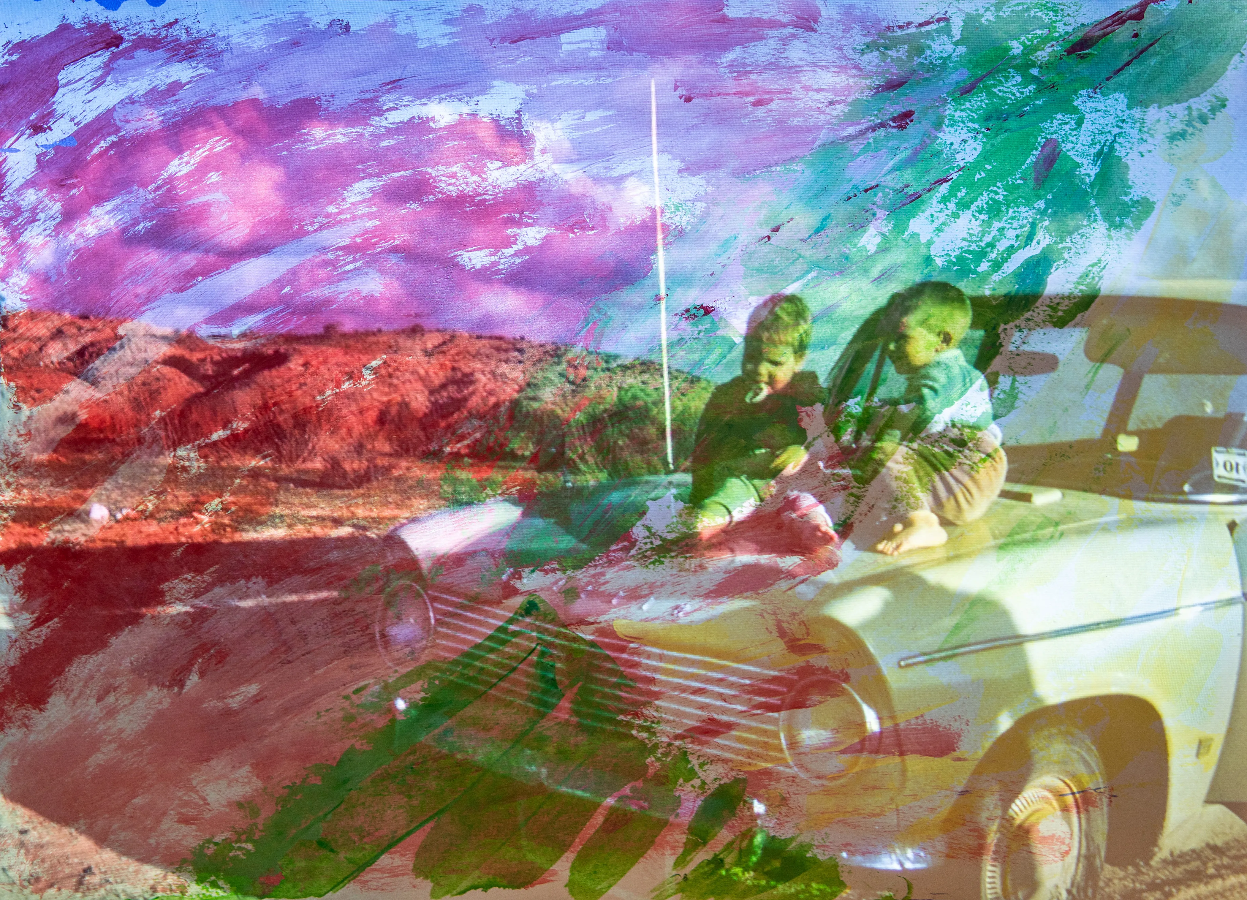 Two figures sit by a light-colored car under bands of pink, purple and red paint.