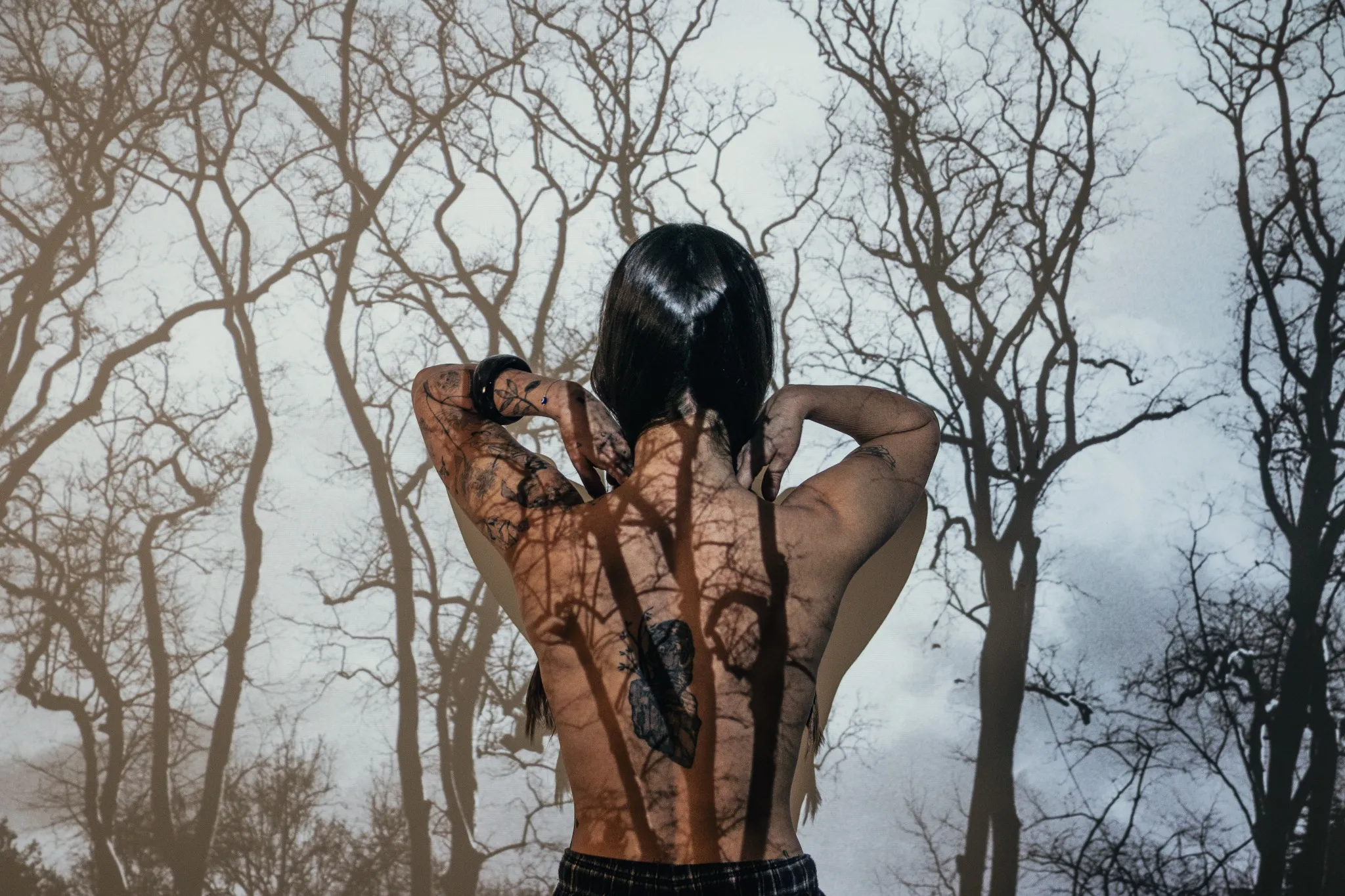 A figure seen from behind with both hands raised to the head, in a wide view of bare trees.