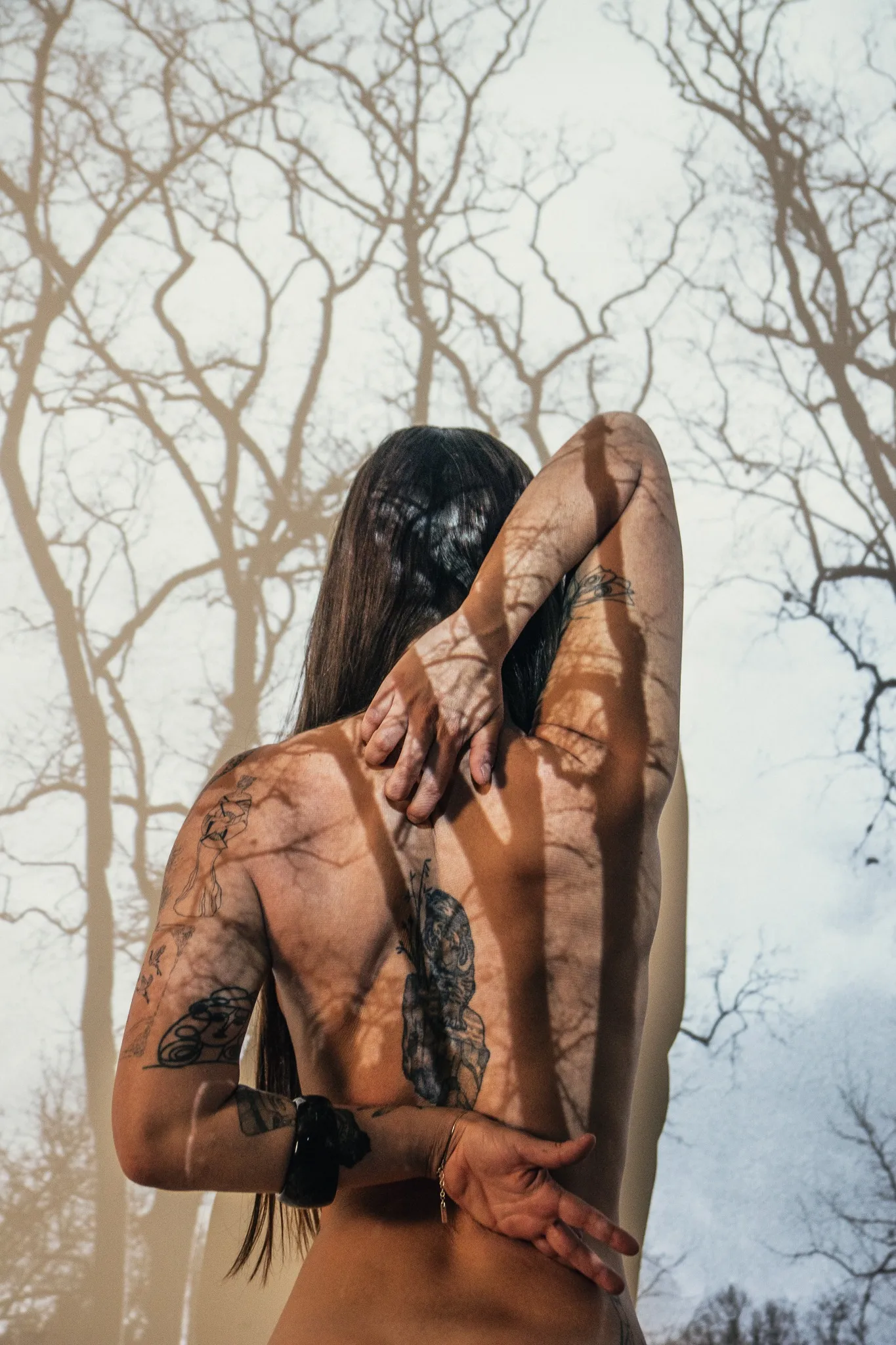 A figure in three-quarter view from behind, one arm raised over the head and the other bent behind the back, branch shadows on the skin.