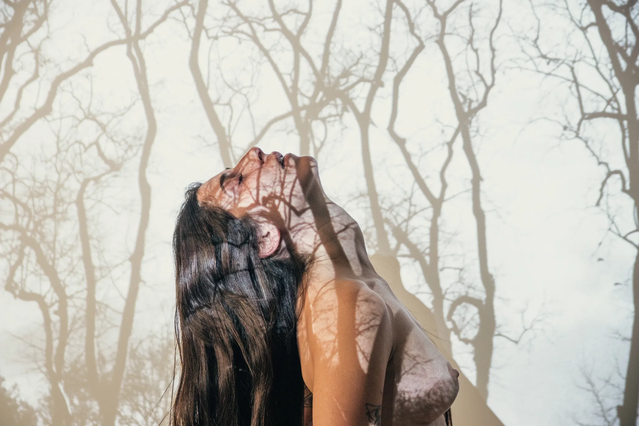 A figure with the head thrown back and long dark hair falling behind, branch shadows across the face and shoulder, in front of bare branches.