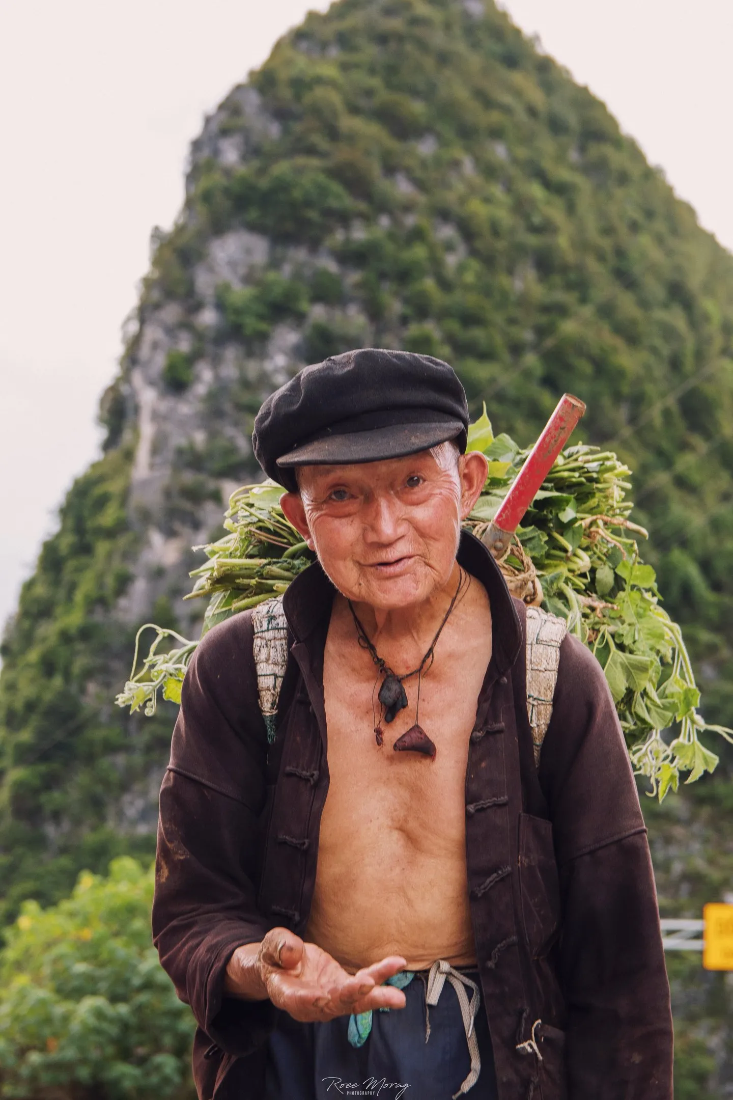 An older man in a flat cap and open dark jacket carries a bundle of greens on his back, in front of a steep green rock hill.