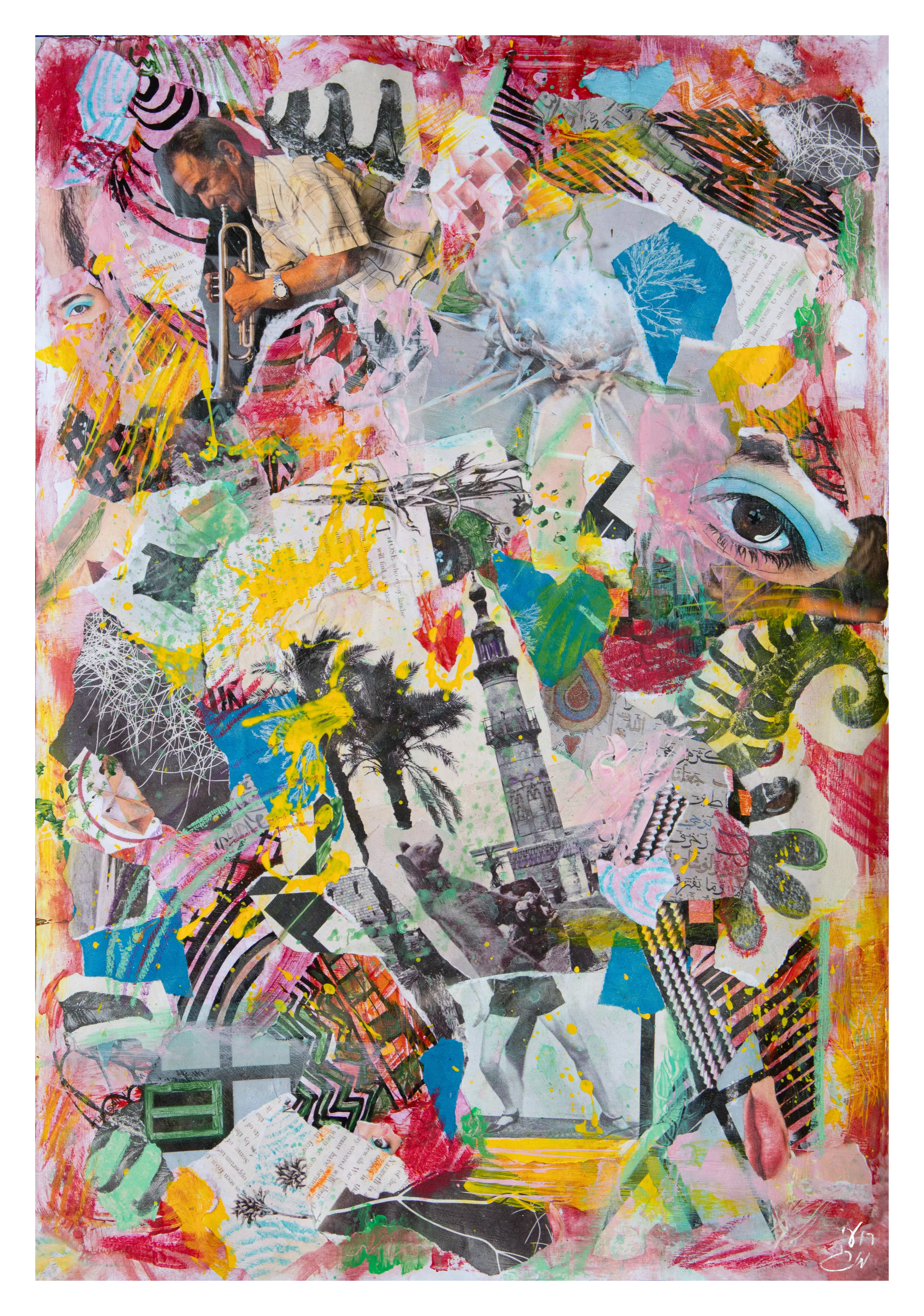 A dense collage of colorful and patterned fragments, including an eye at the upper right, buildings and plant forms.