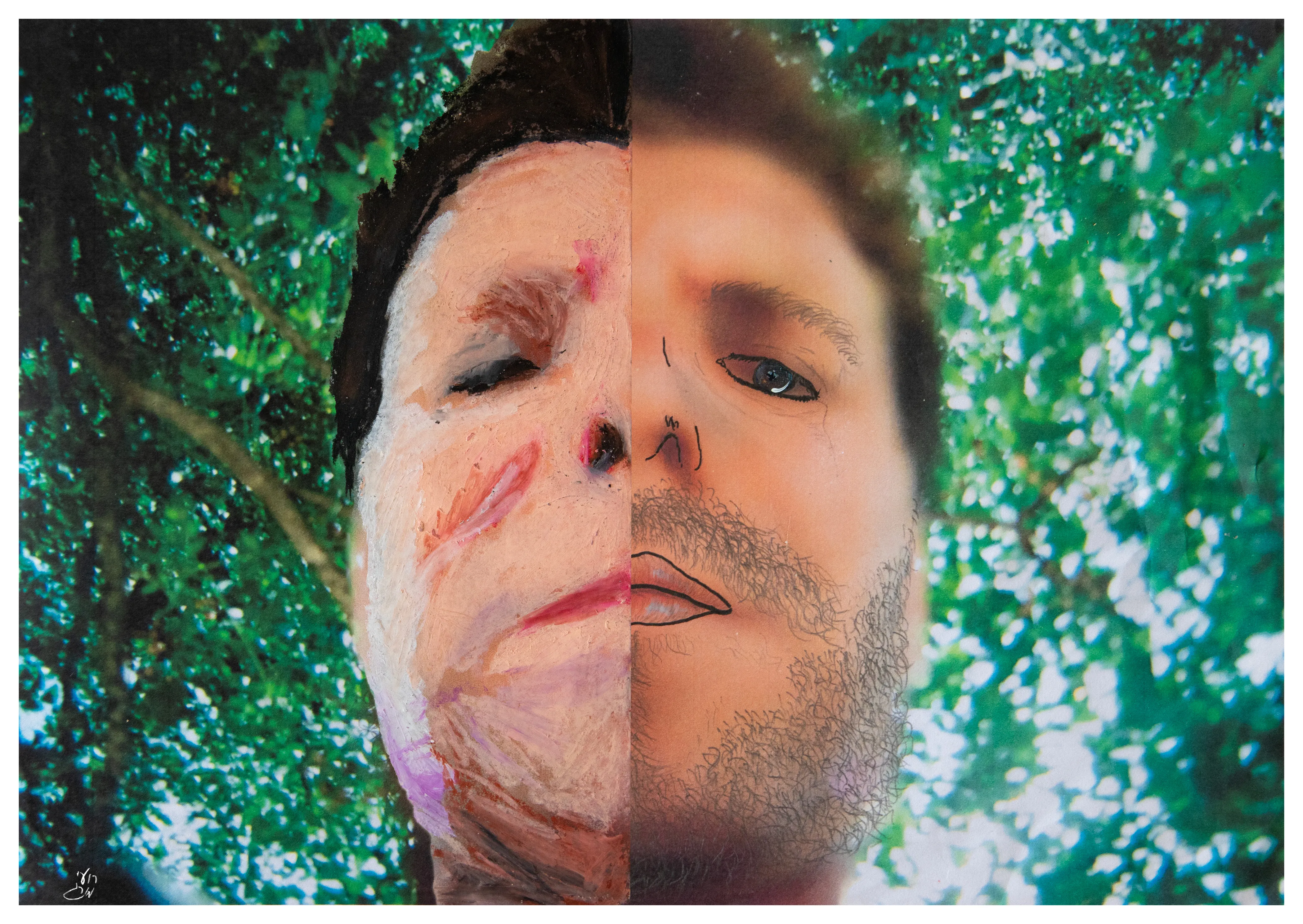 A close view of a face divided down the middle into two halves, against green foliage.