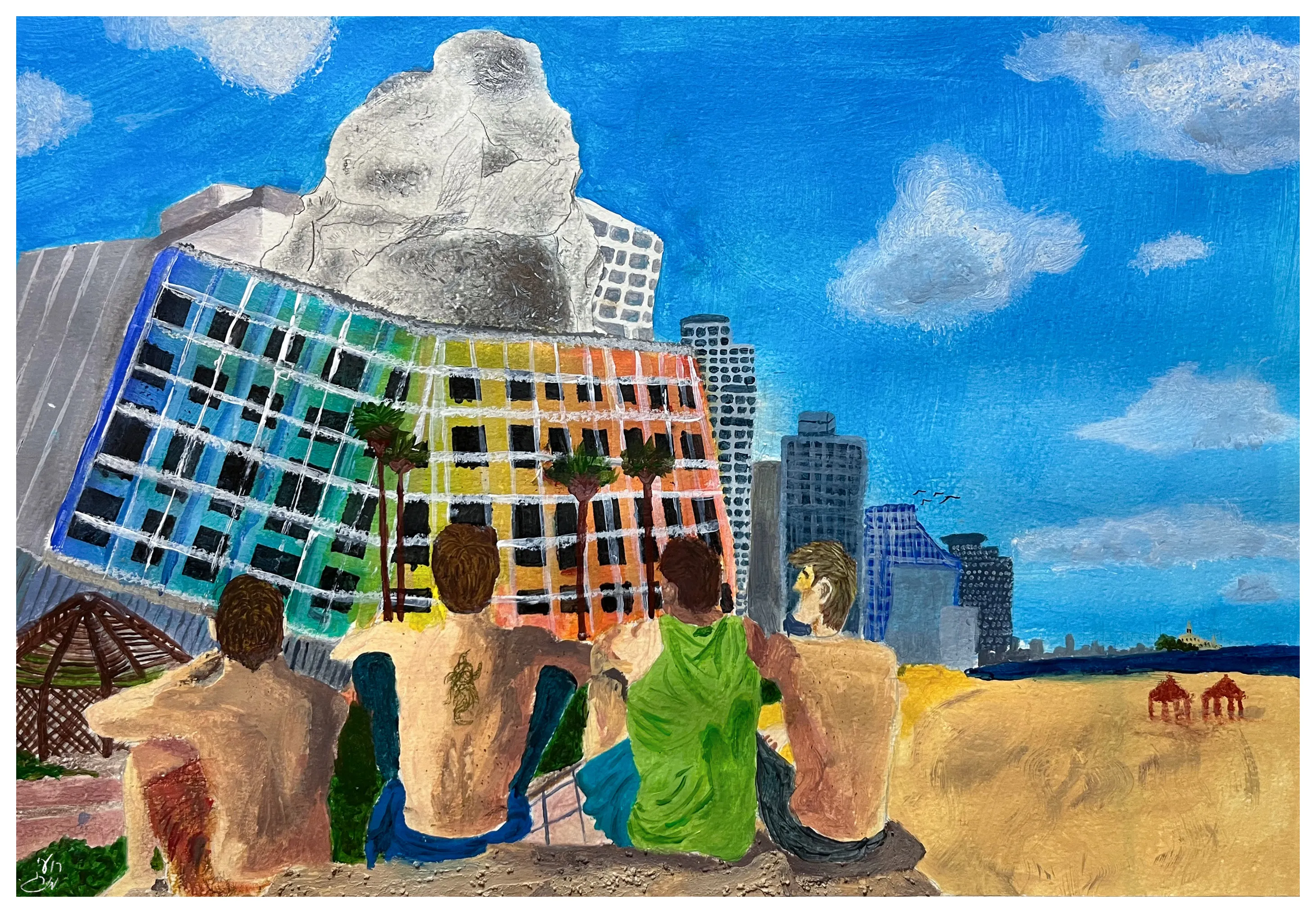 Four figures seen from behind sit on a beach facing a multicolored building and a city skyline under a blue, cloudy sky.
