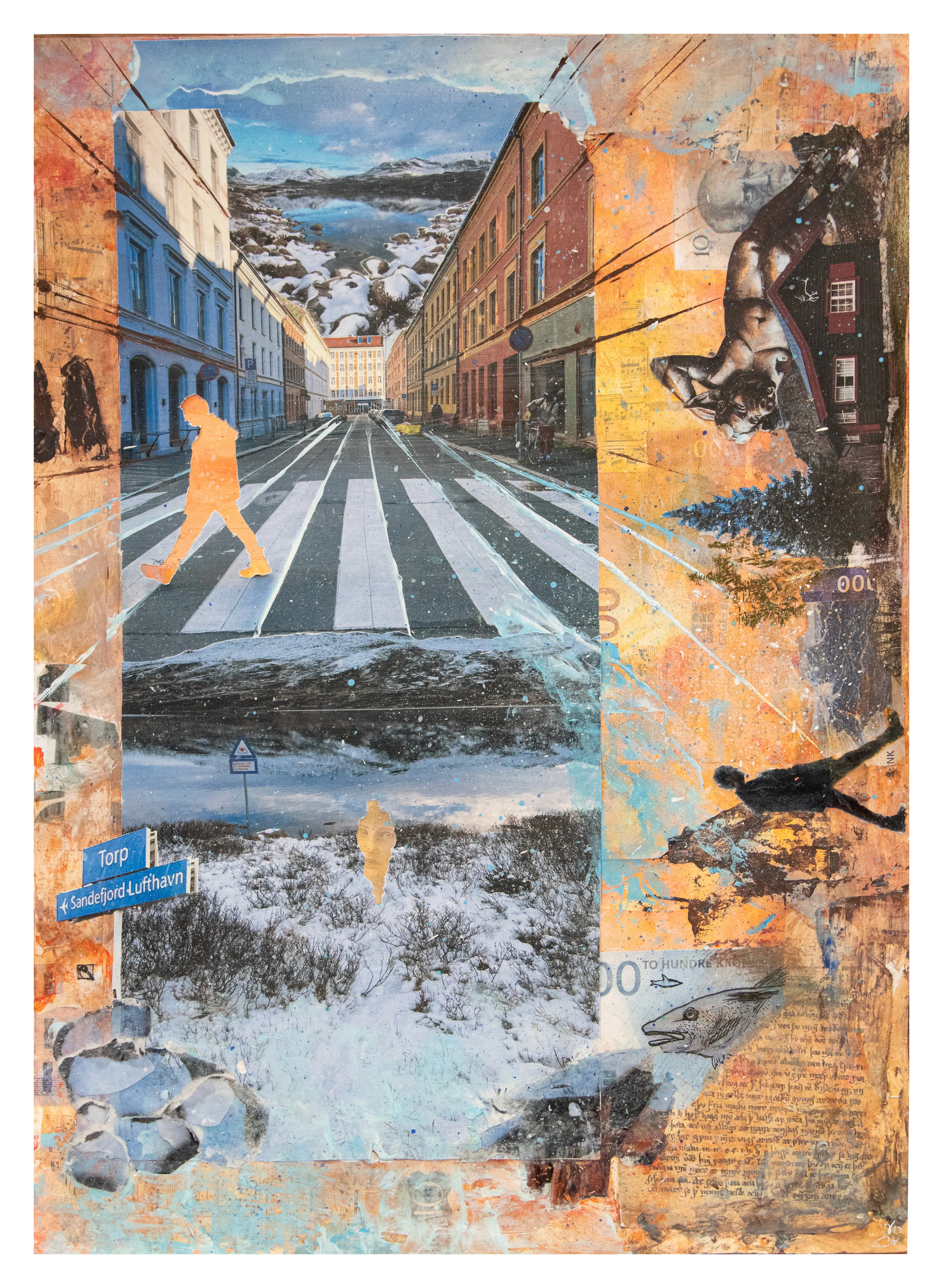 A city street with a crosswalk runs between pastel buildings, framed by collaged strips of landscape and printed text.