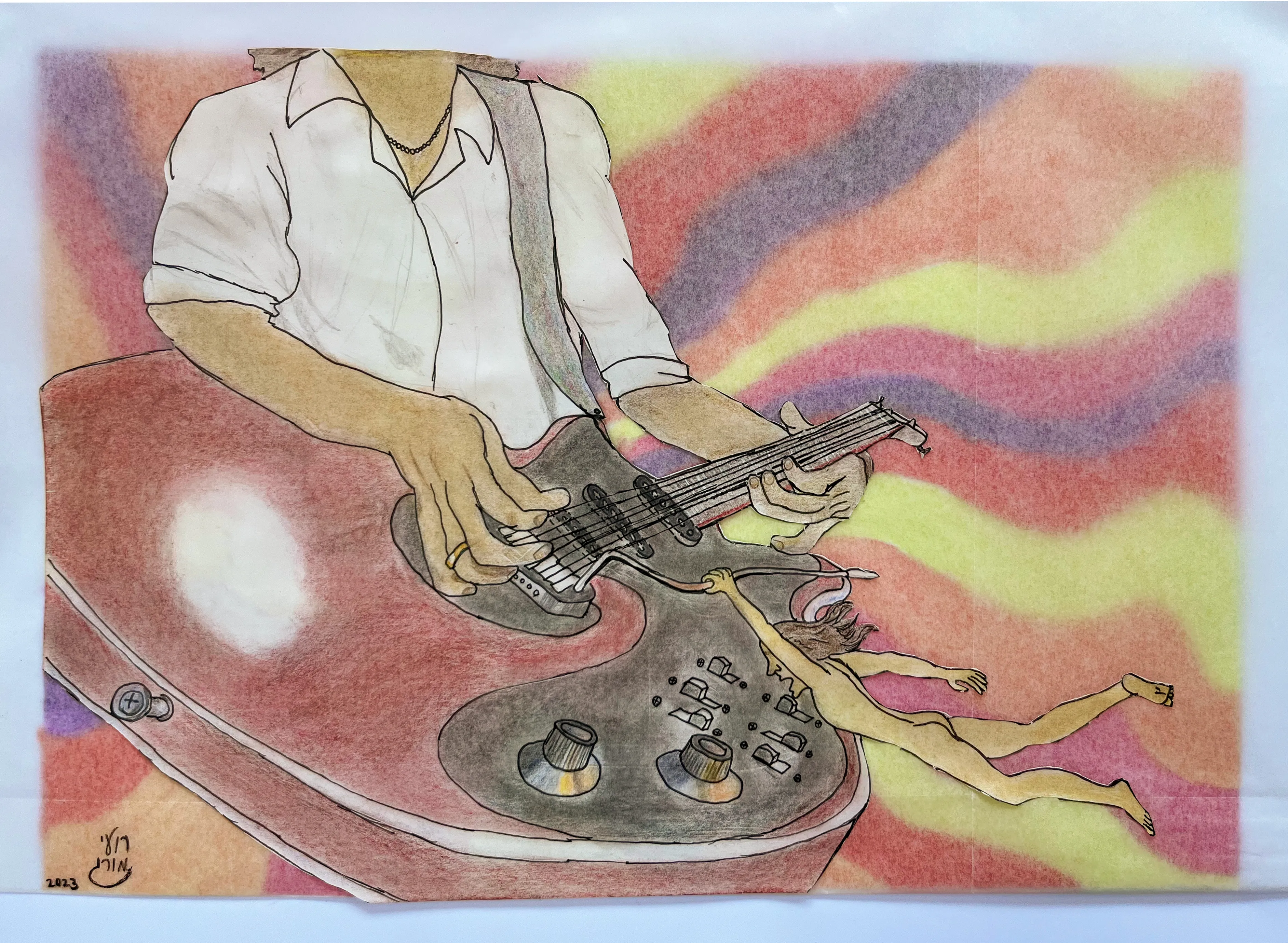 A person in a white shirt with suspenders plays an electric bass guitar against red, orange and yellow wavy bands, with a small figure near the guitar.