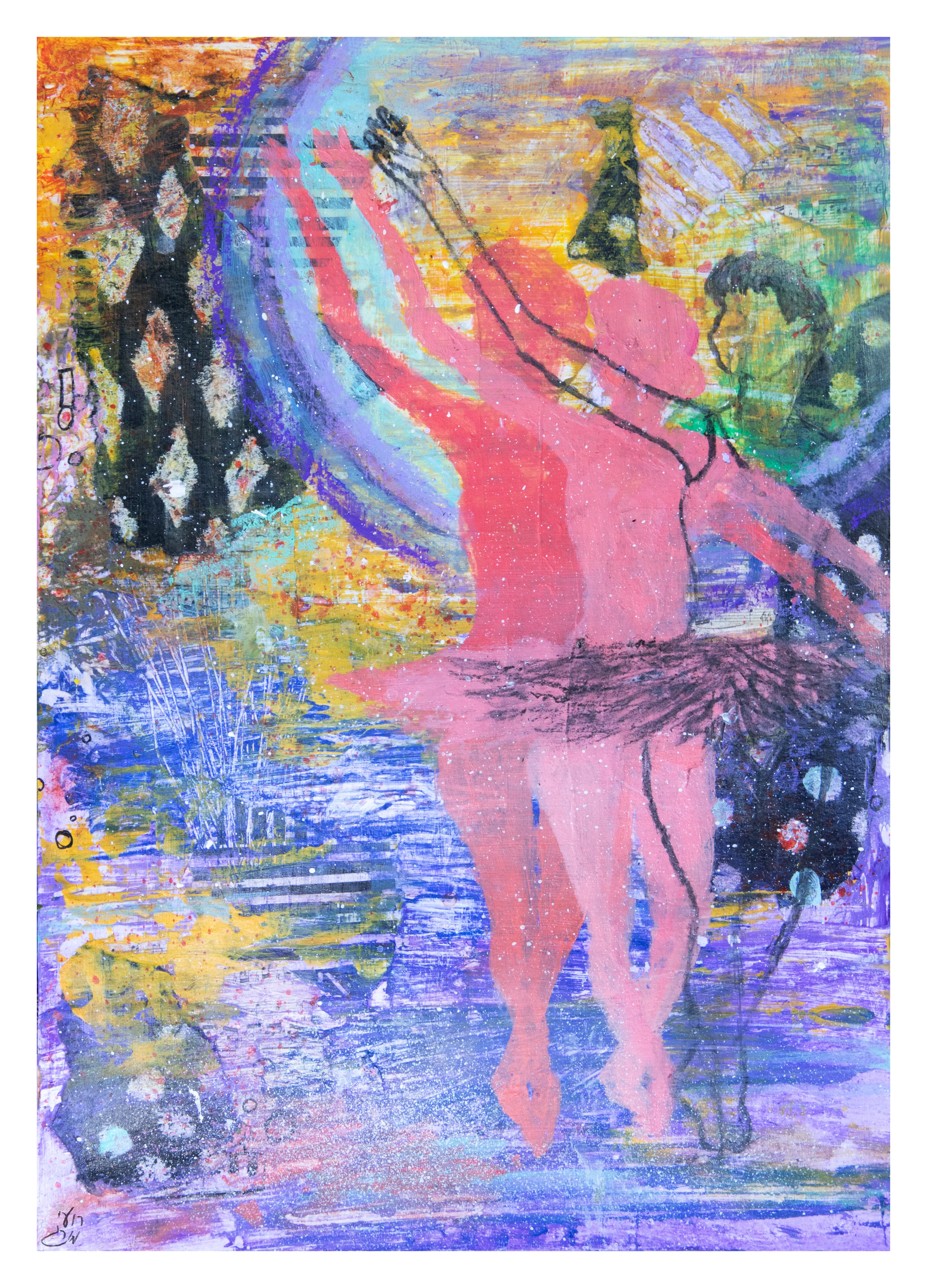 A pink dancing figure in a skirt stands in a blue and purple abstract field with patterned shapes at the left.