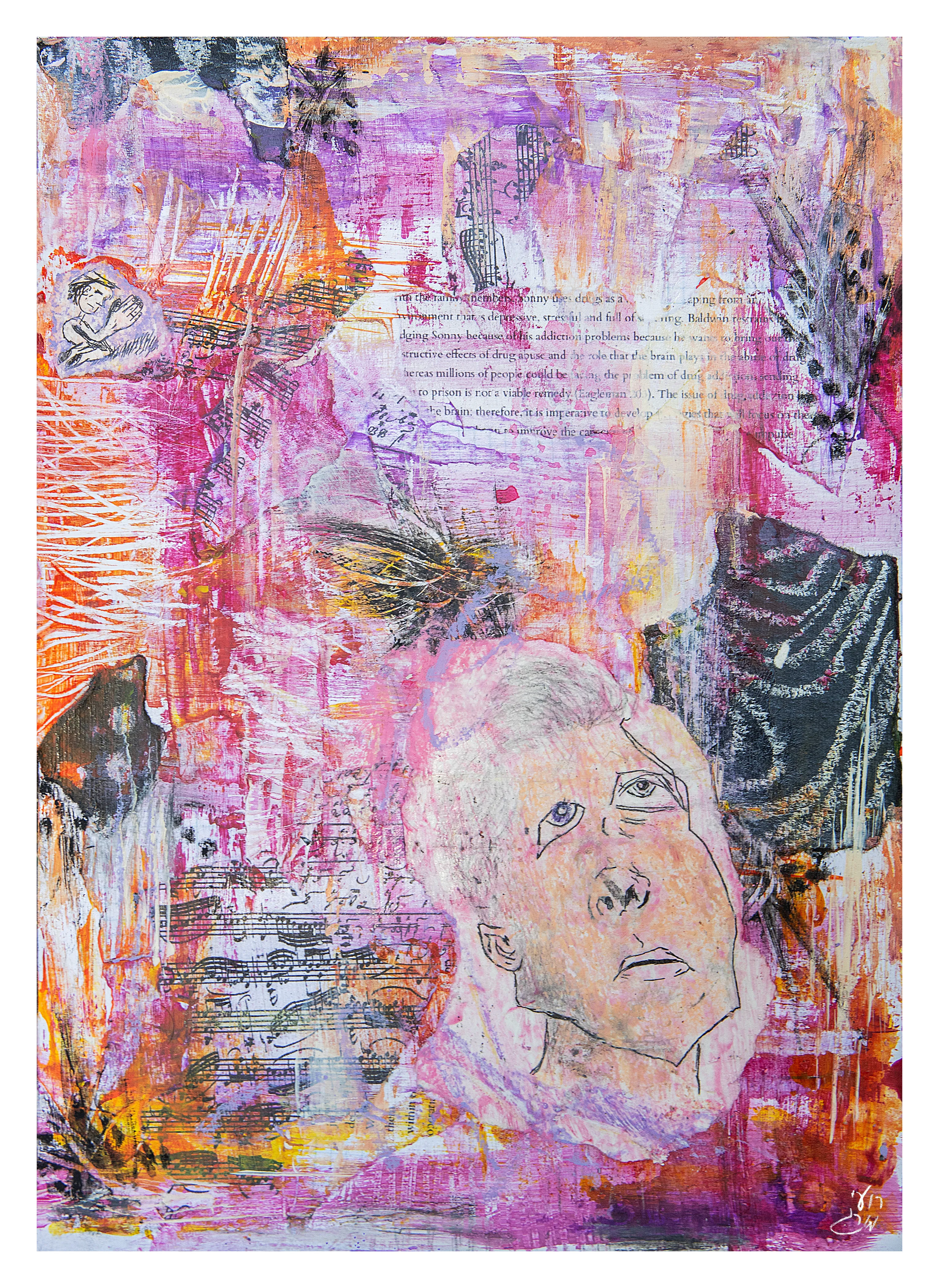 A pale face looks upward at the lower right, among layers of pink, purple and white paint, collage and handwritten text.