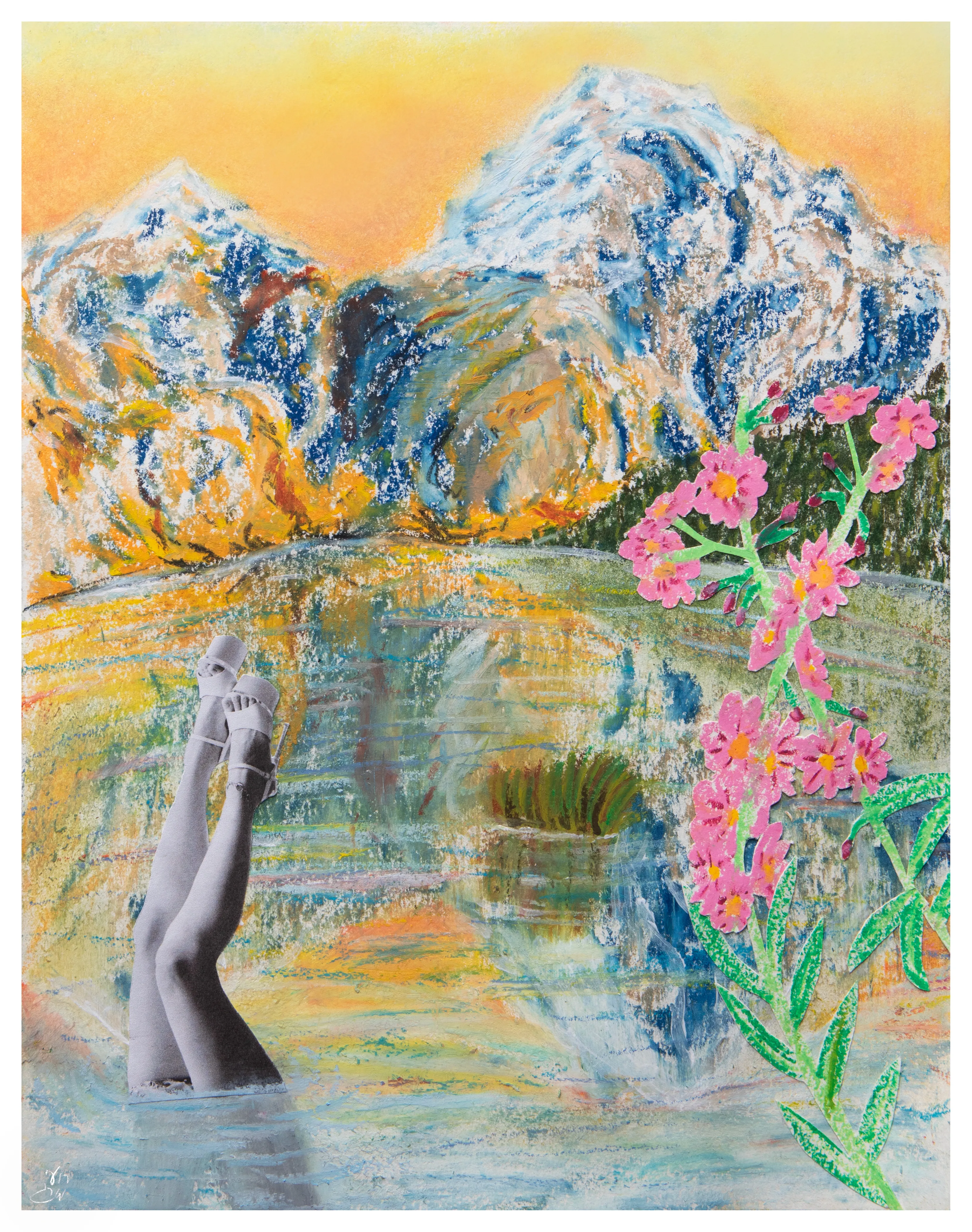 Snow-capped mountains above a yellow and blue lake, with pink flowers at the right and a gray figure standing in the water at the left.