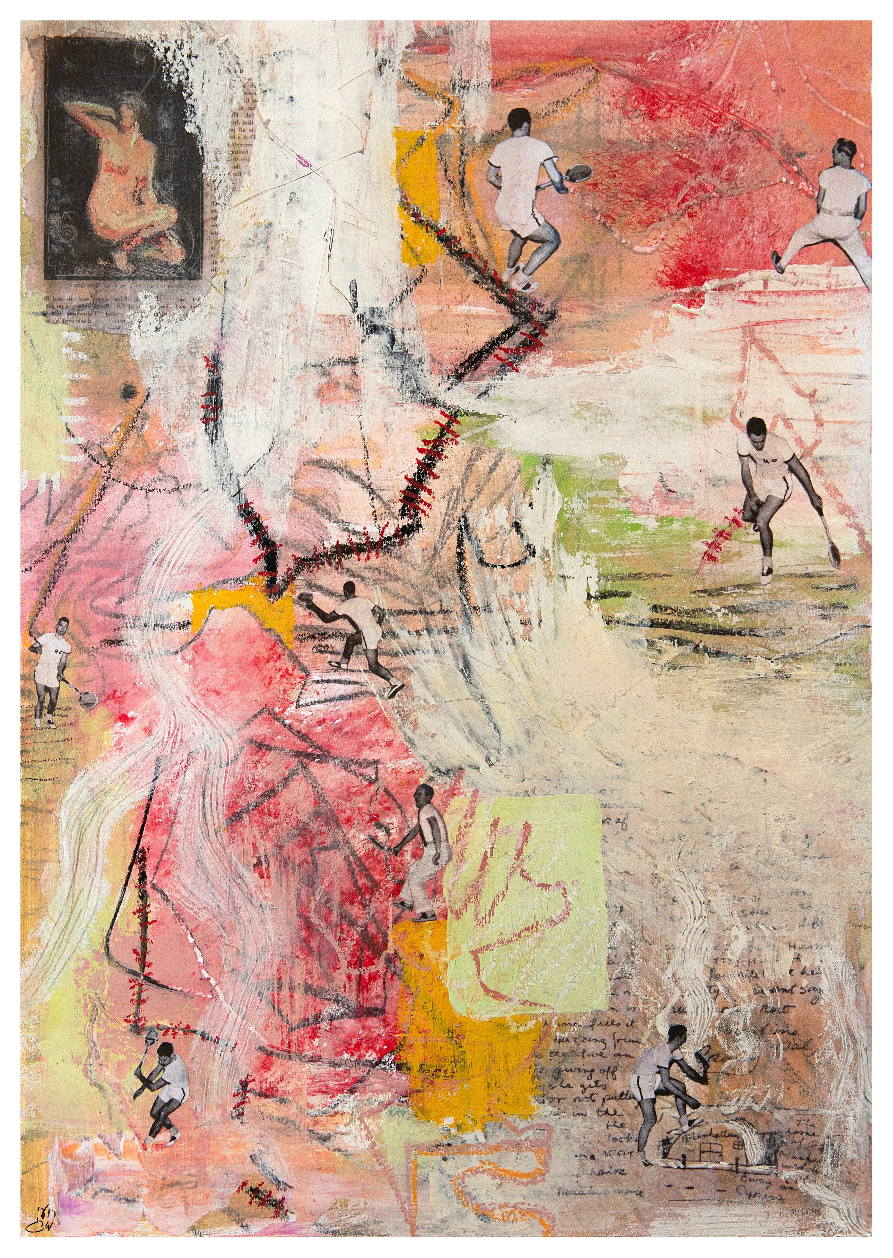 Small white-clothed players on a court appear among layers of pink, white and yellow paint, scribbled lines and collage.