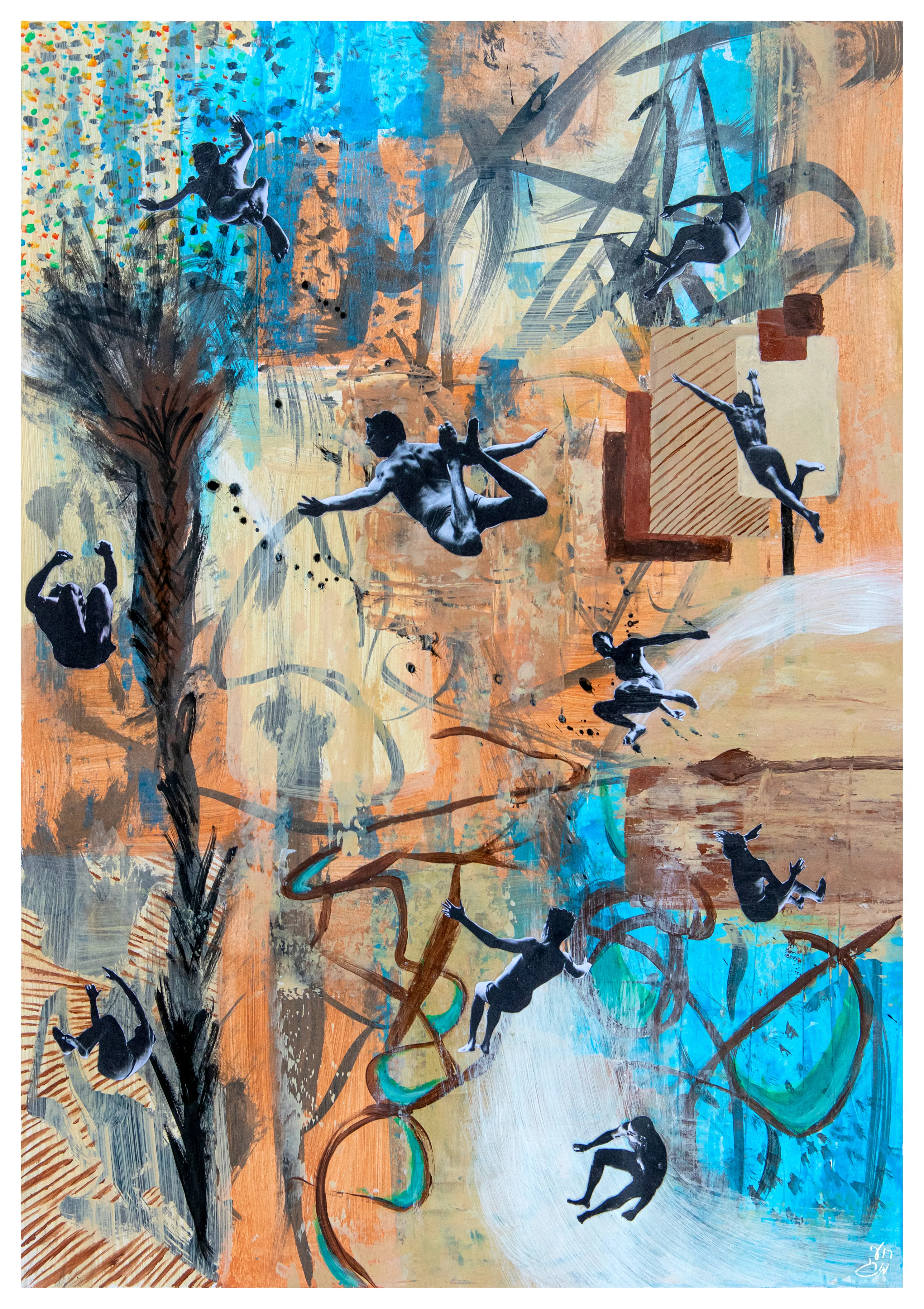 Dark silhouetted figures leap and fall across an abstract collage of blue, orange and black, with a tall dark plant-like shape at the left.