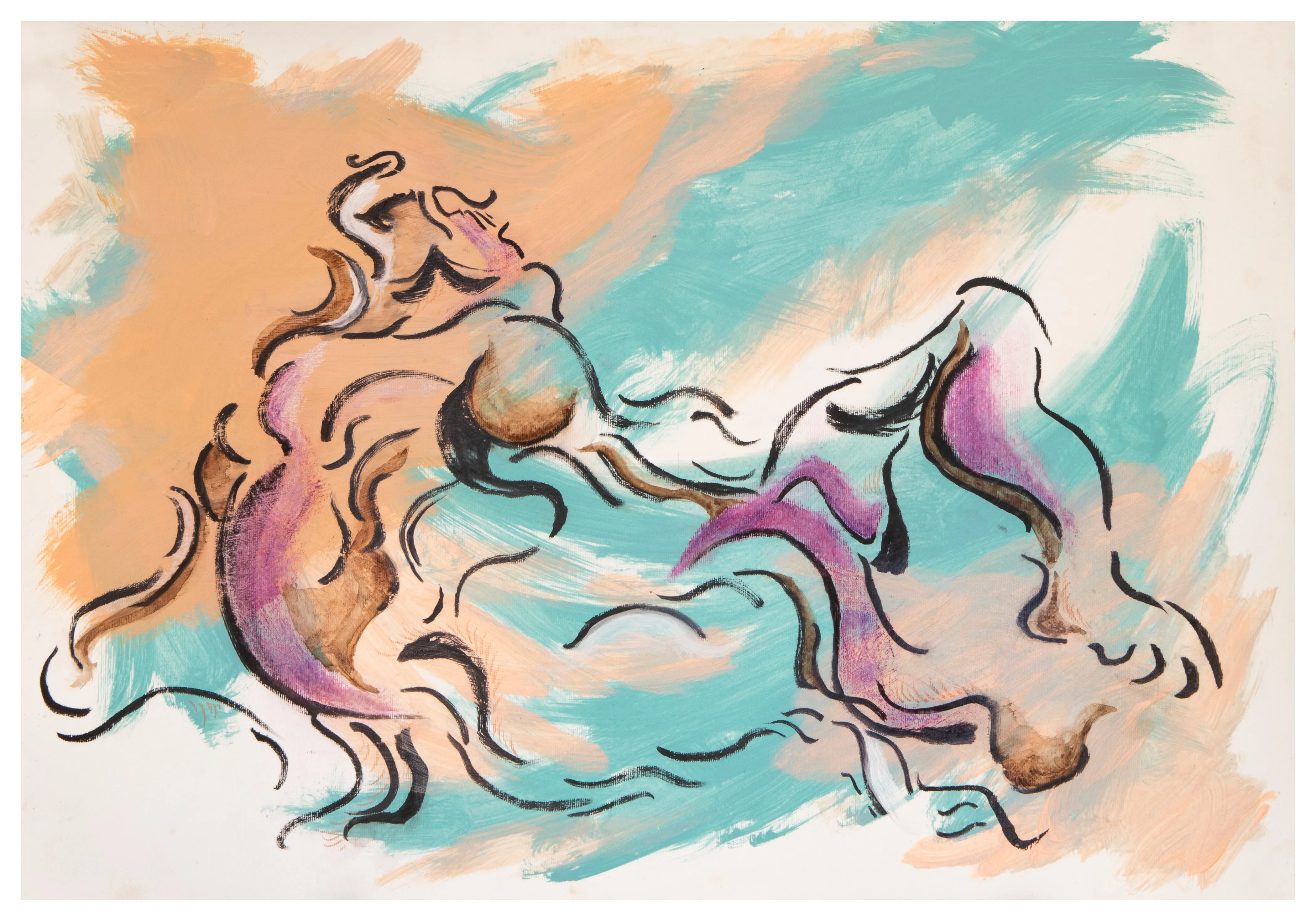 Loose black ink lines and pale washes of orange, teal and purple outline a nude male figure.