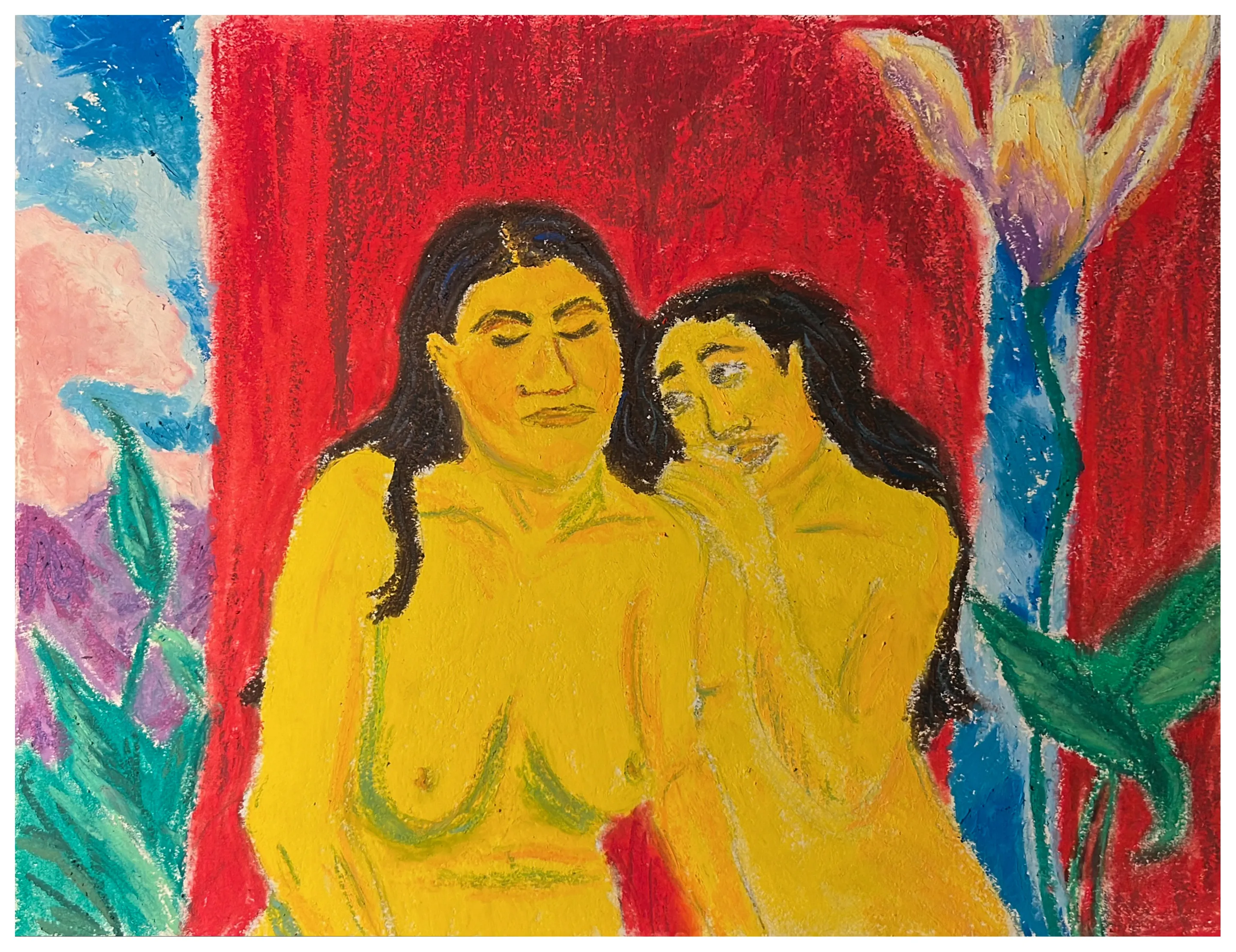 Two women painted in yellow stand close together against a red background with green leaves.