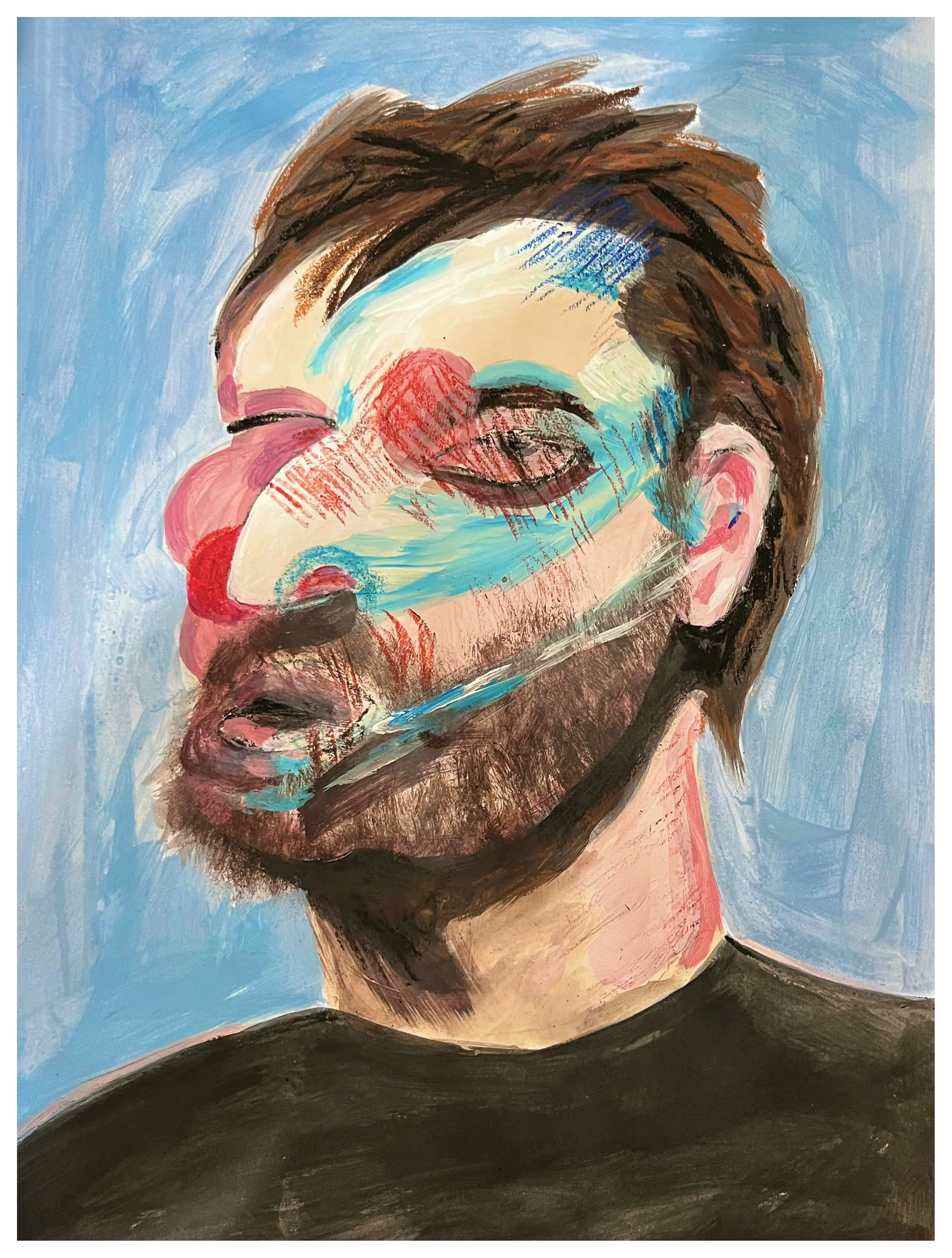 A bearded man in a dark shirt, his face painted in blocks of blue, pink and red, against a pale blue background.