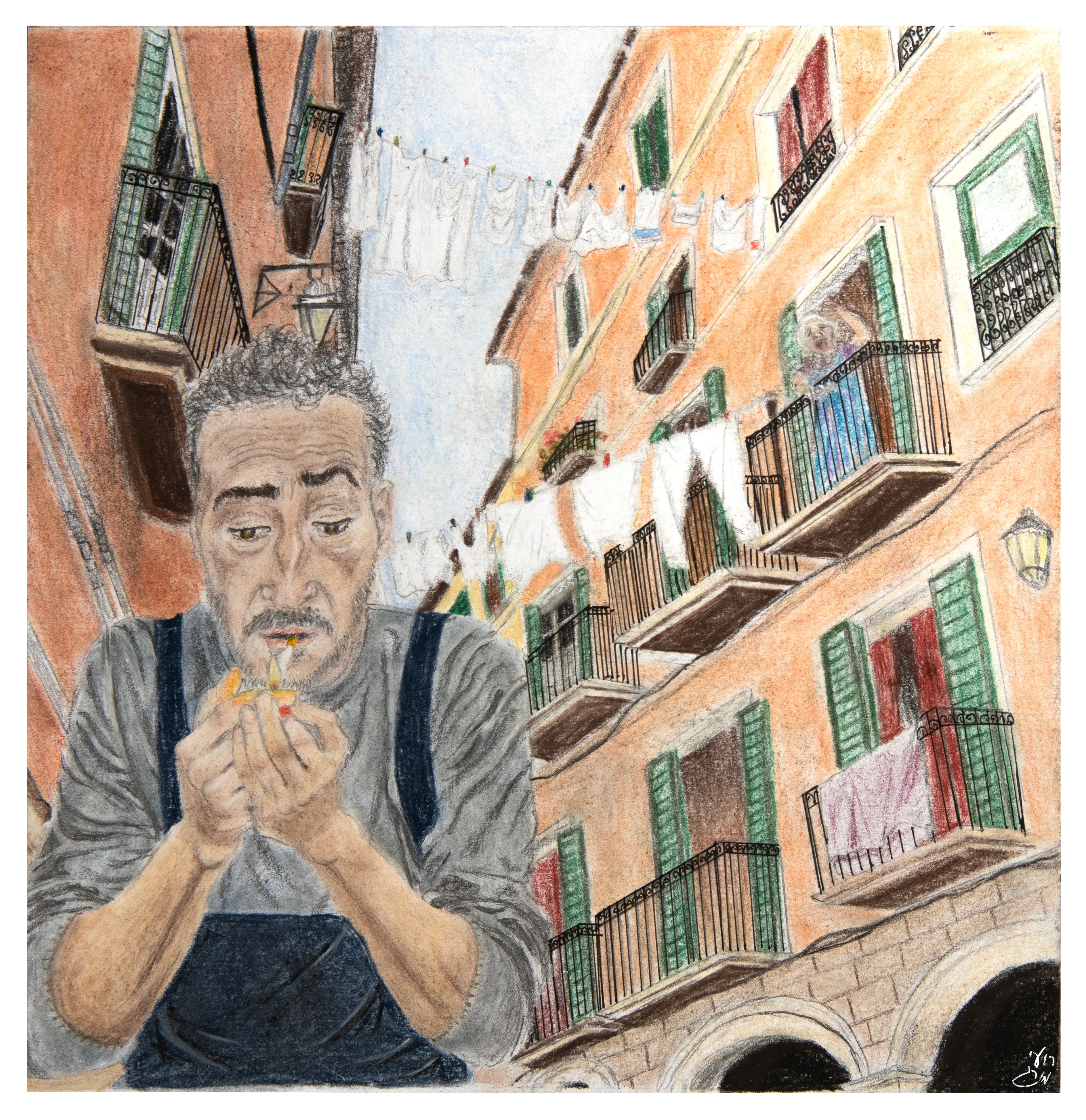 A man in a gray shirt and dark apron holds something in his hands in a narrow street of peach-colored buildings, with laundry hung overhead.
