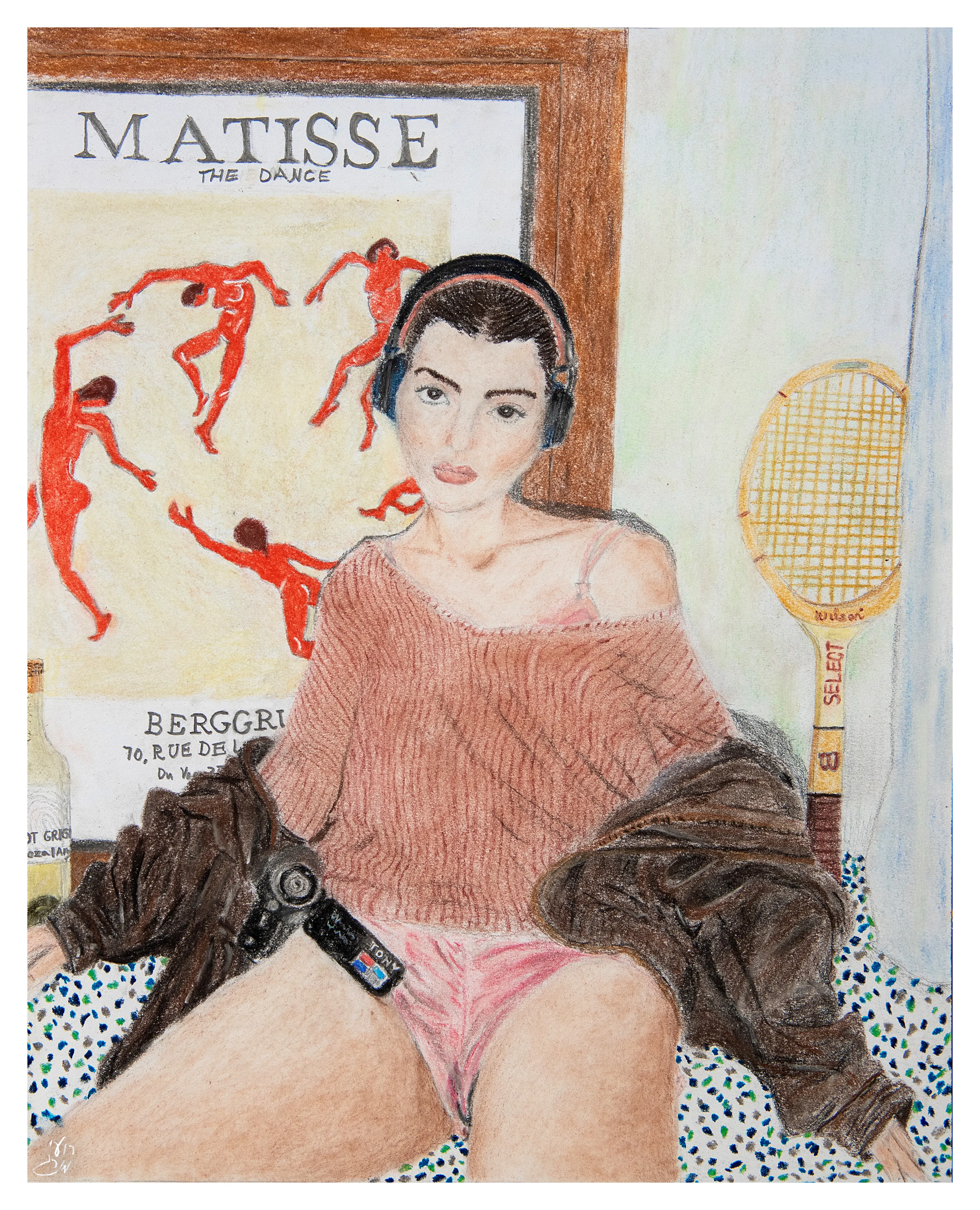A woman wearing headphones sits holding a camera, with a tennis racket and a Matisse dance poster behind her.