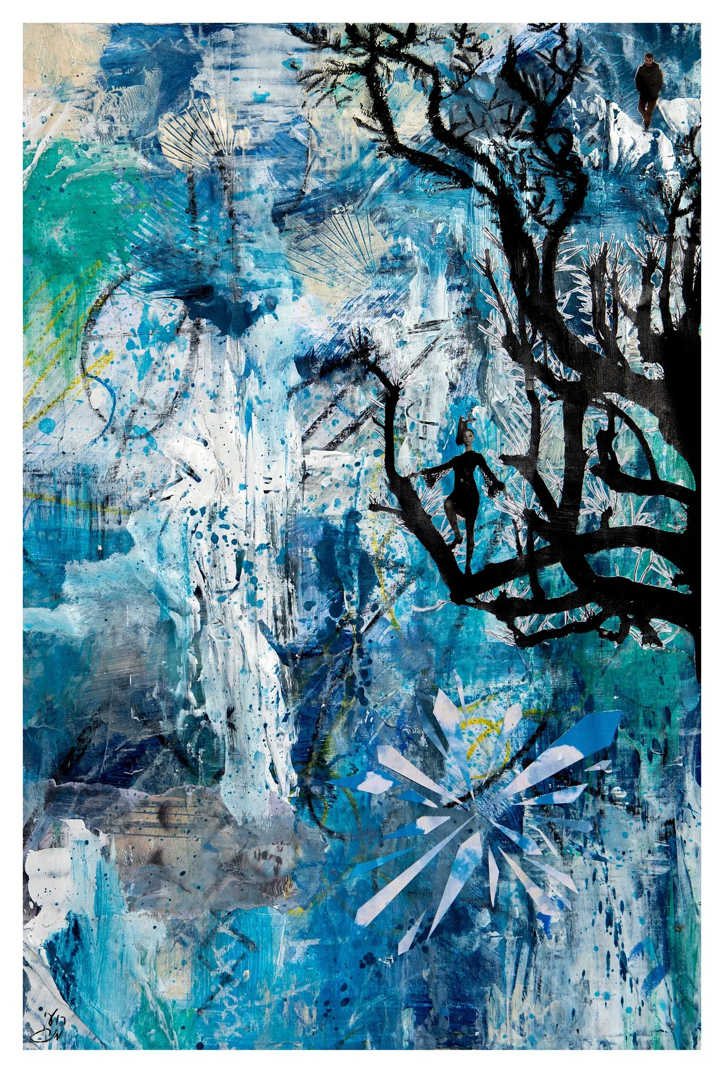 A layered abstract surface of blue and white with black tree branches reaching in from the right.