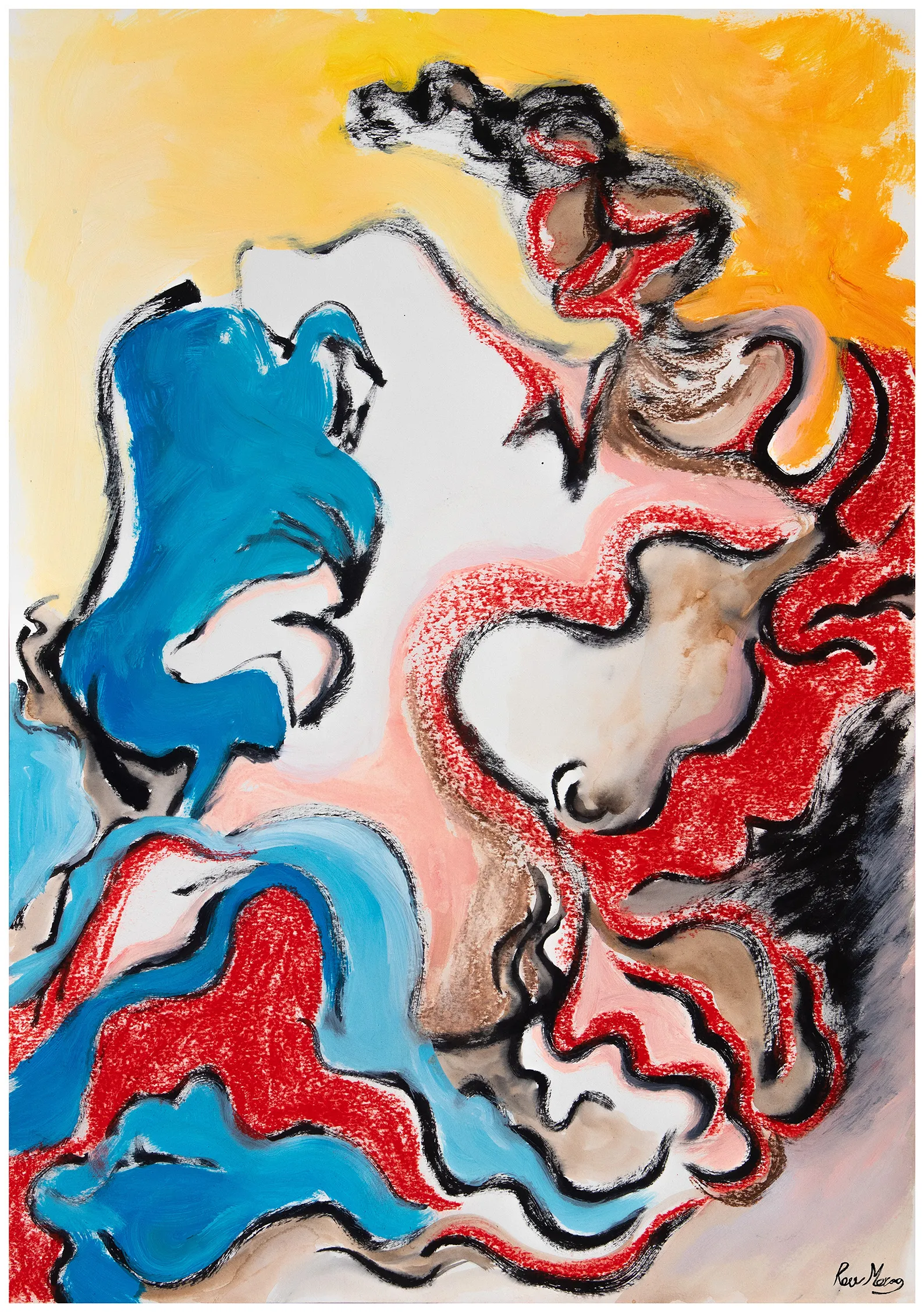 Swirling blue, red, black and pale flesh-toned shapes flow across white and yellow paper.