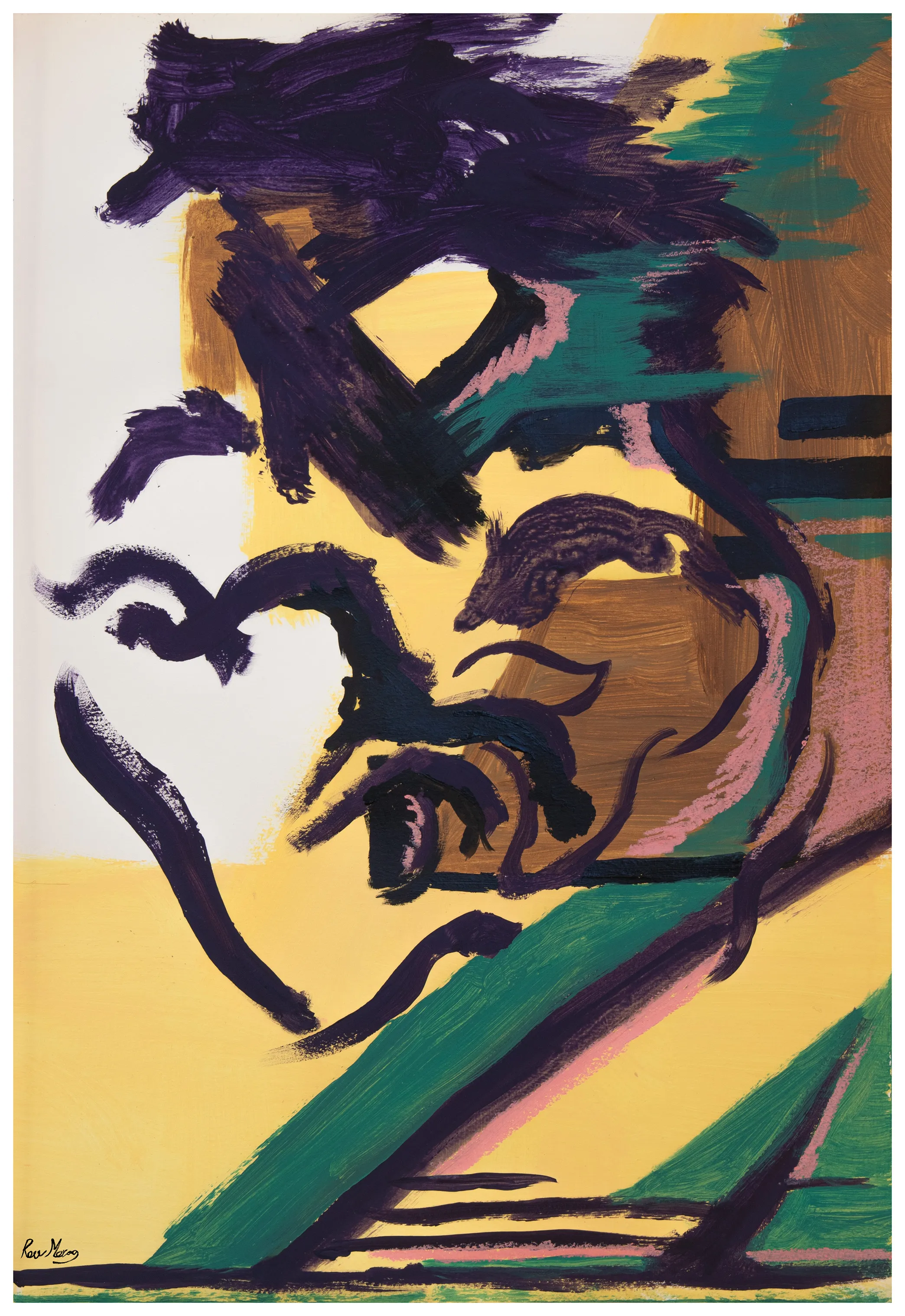 Thick dark purple and black brushstrokes form an angular face on yellow, with green and teal bands below.