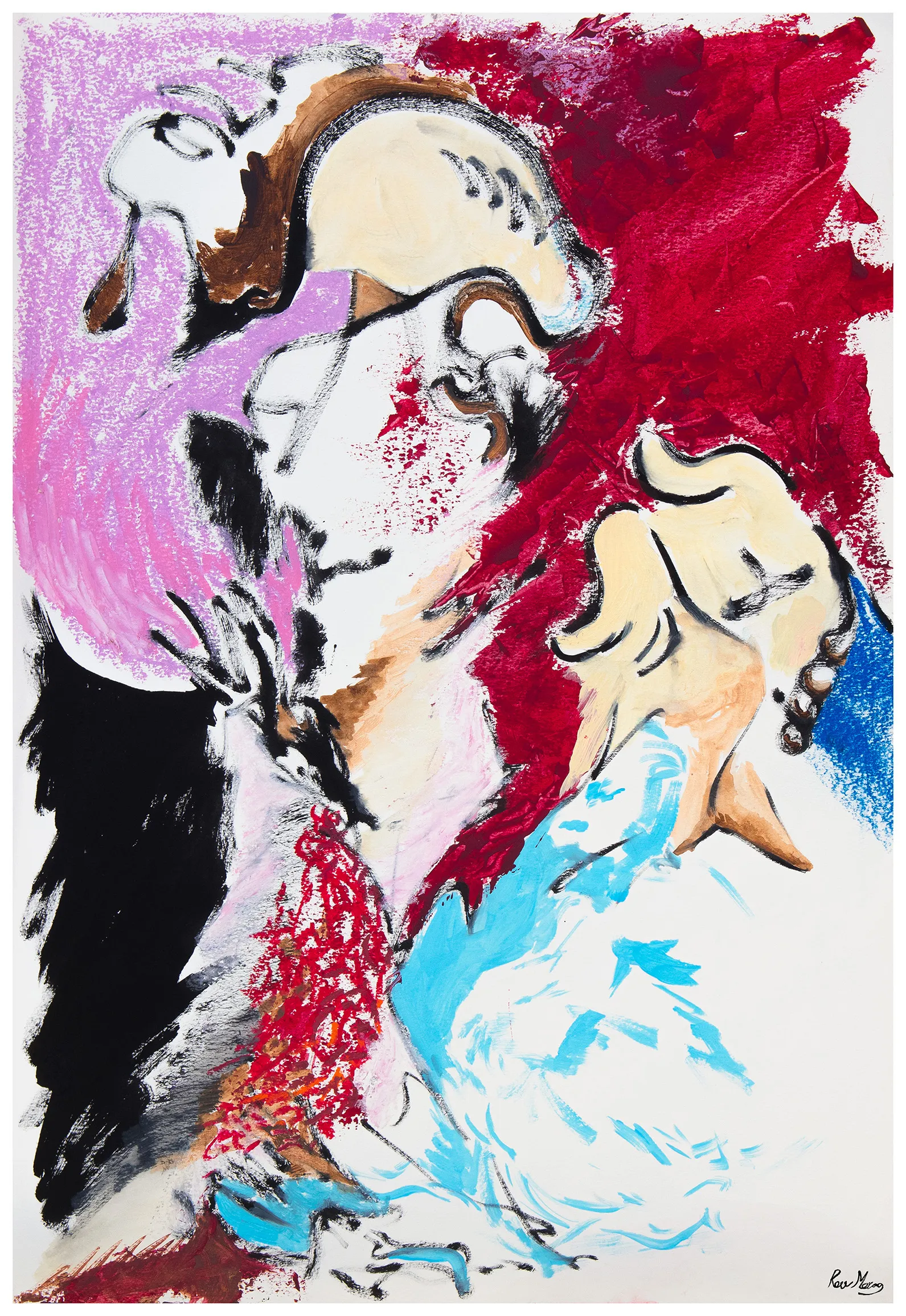 Gestural pink, red, white and black forms, with a pale hand reaching in from the right.