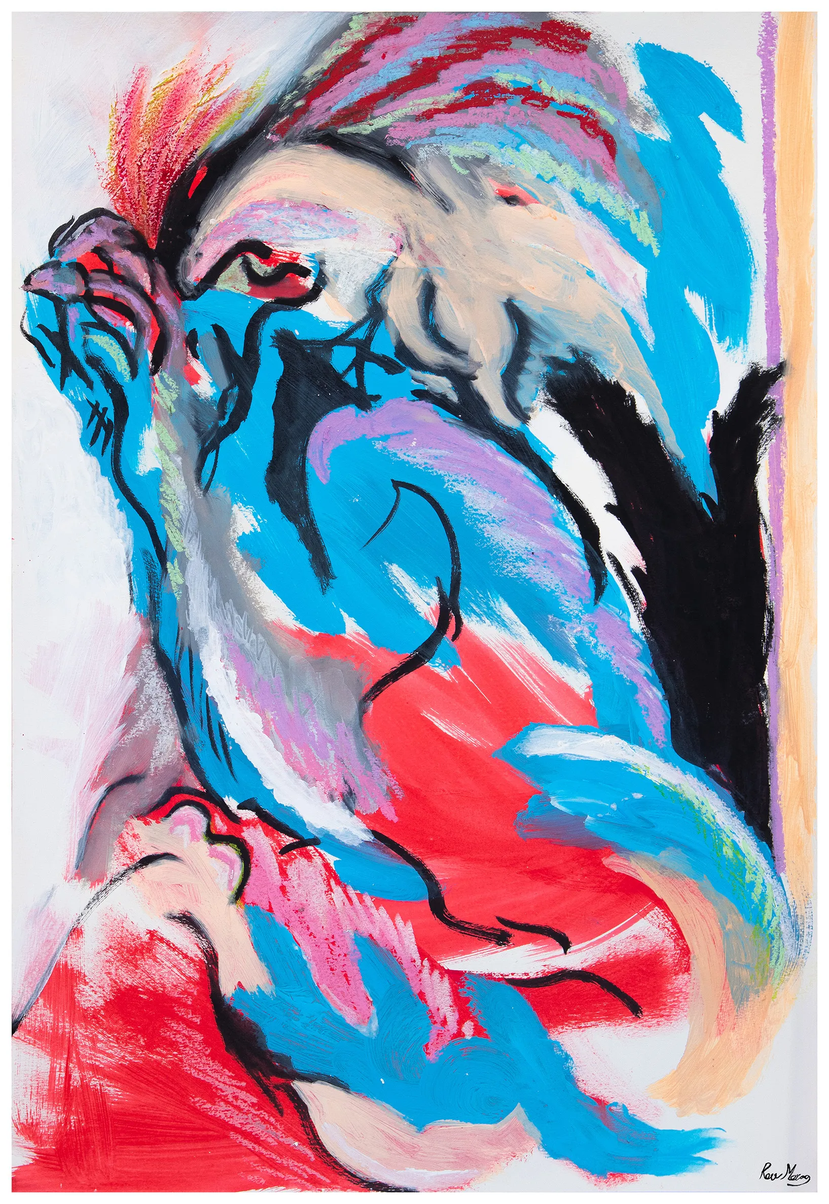 Gestural blue, red, black and pink brushstrokes fill the sheet, with a black lined shape at the upper left.